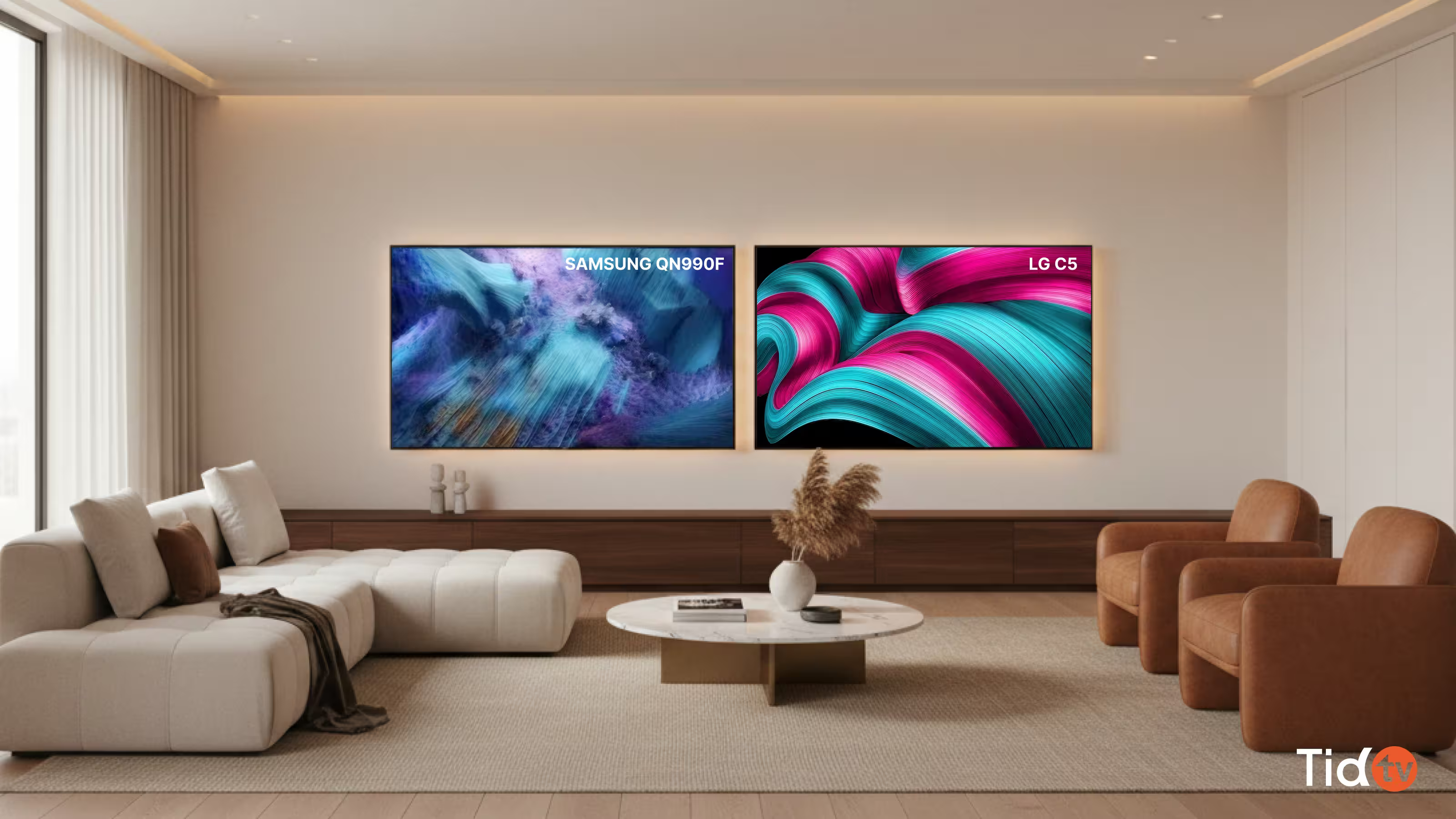 ห้องนั่งเล่นหรู + ทีวี Samsung และ LG รุ่น 2025