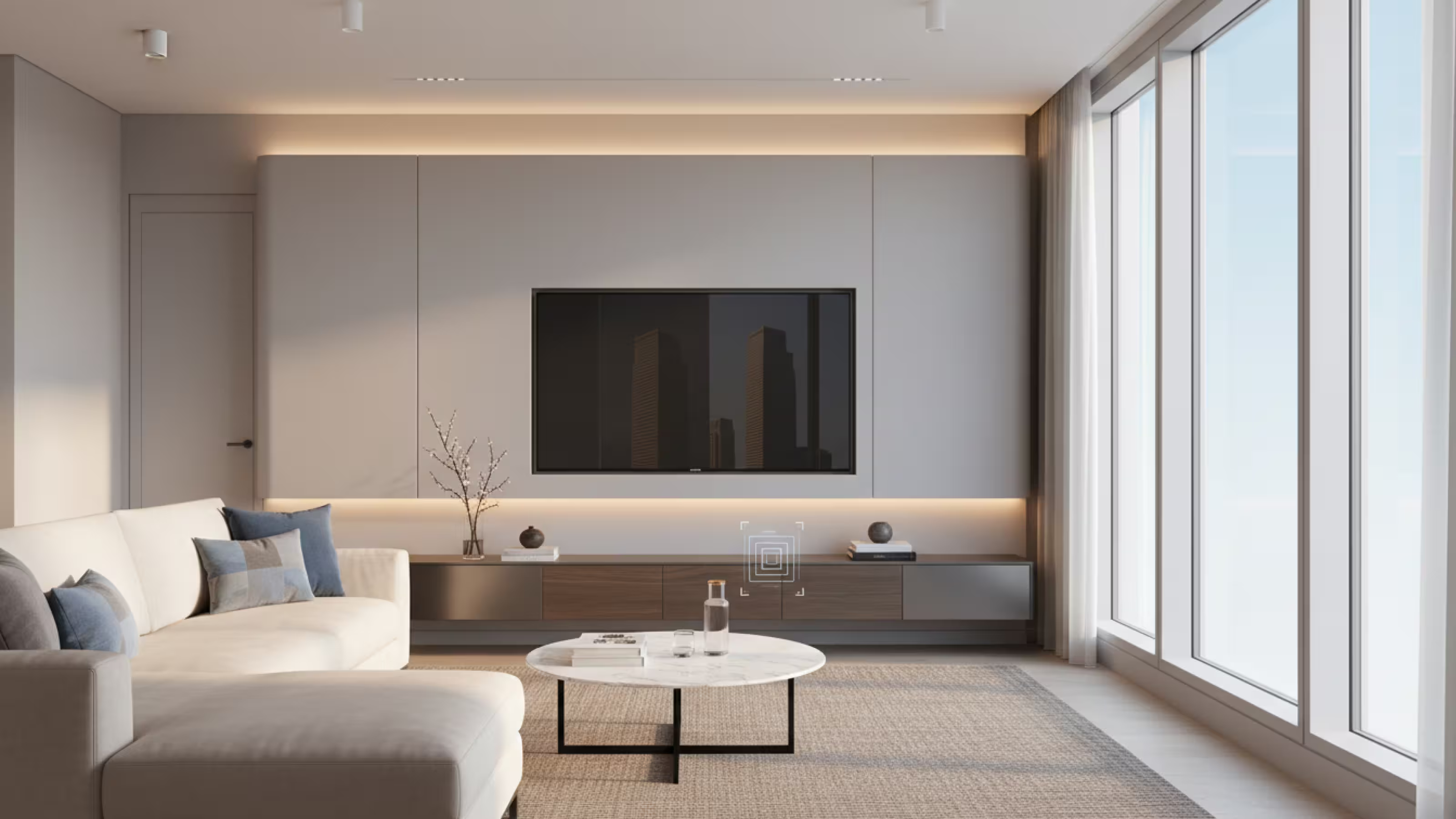 ทีวี 55 นิ้วในคอนโดขนาดกลาง ระยะนั่งประมาณ 1.8 ถึง 2.3 เมตร