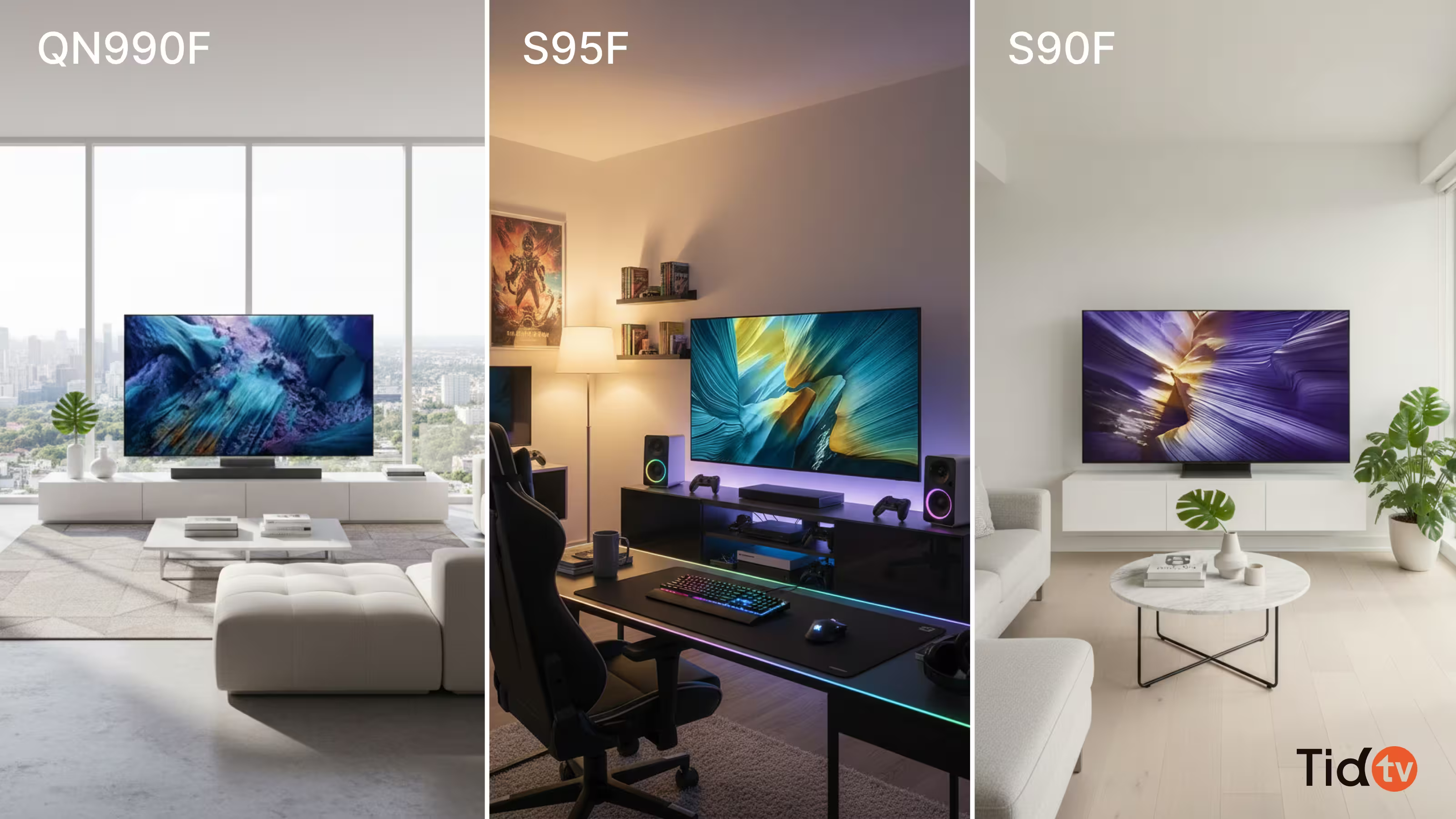 QN990F, S95F, S90F วางบนฉาก 3 ห้อง: ห้องสว่างจัด ห้องกึ่งมืด ห้องนั่งเล่น