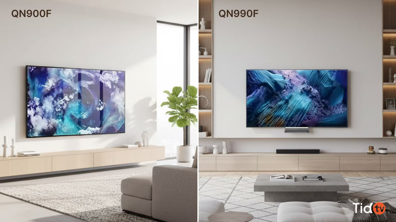 Samsung Neo QLED 8K QN990F และ QN900F ในห้องนั่งเล่นขนาดใหญ่ที่มีแสงสว่างมาก