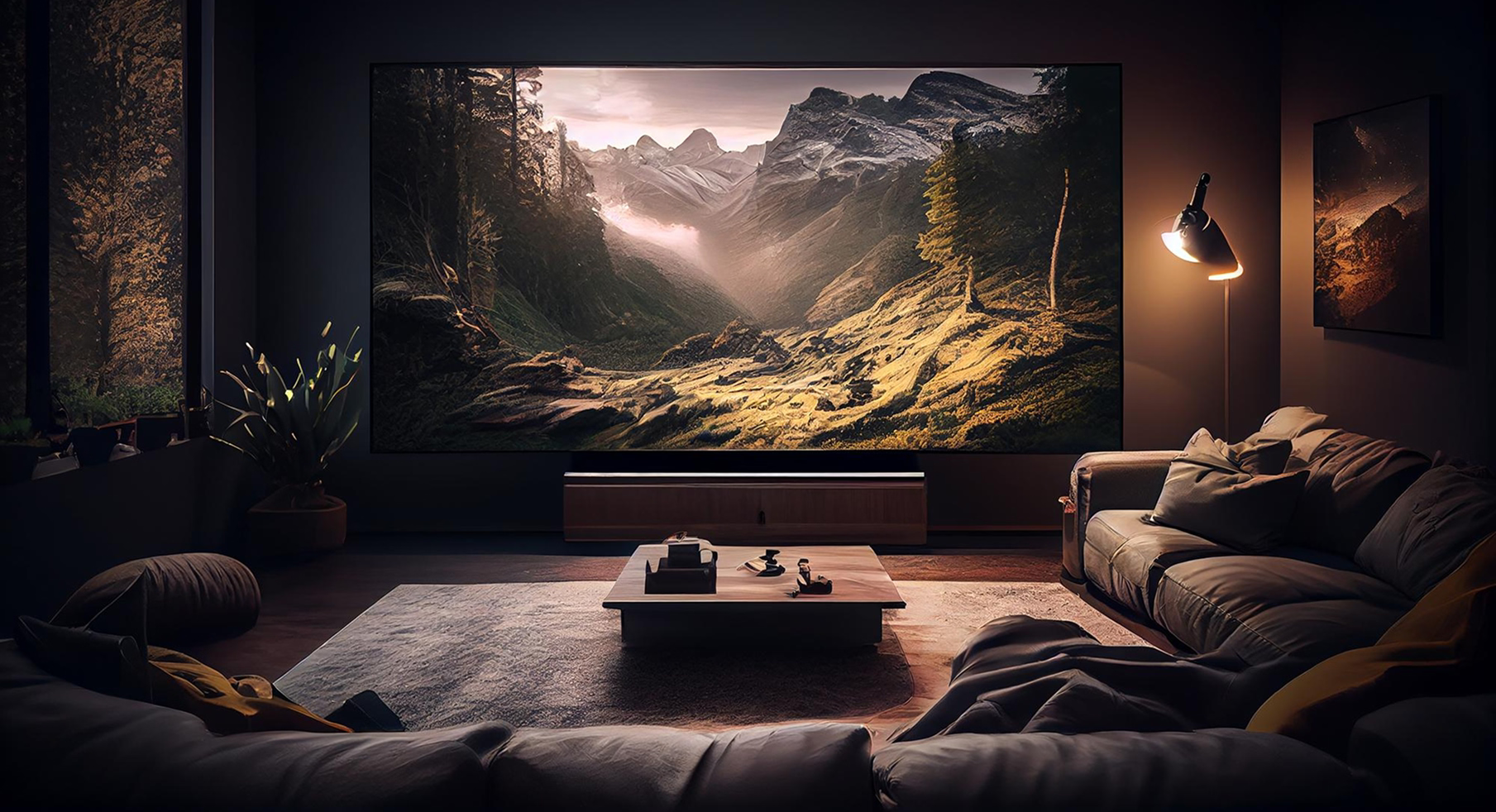 Living room with a large TV displaying a mountain landscape, surrounded by furniture and decor.
