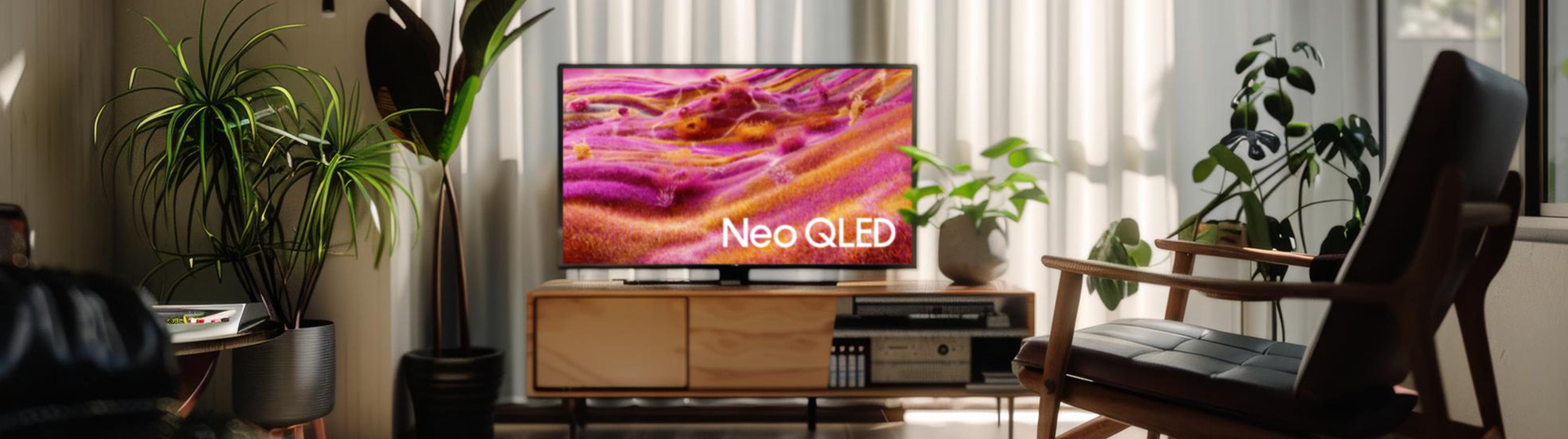 Neo QLED TV in a living room setting with plants and furniture.