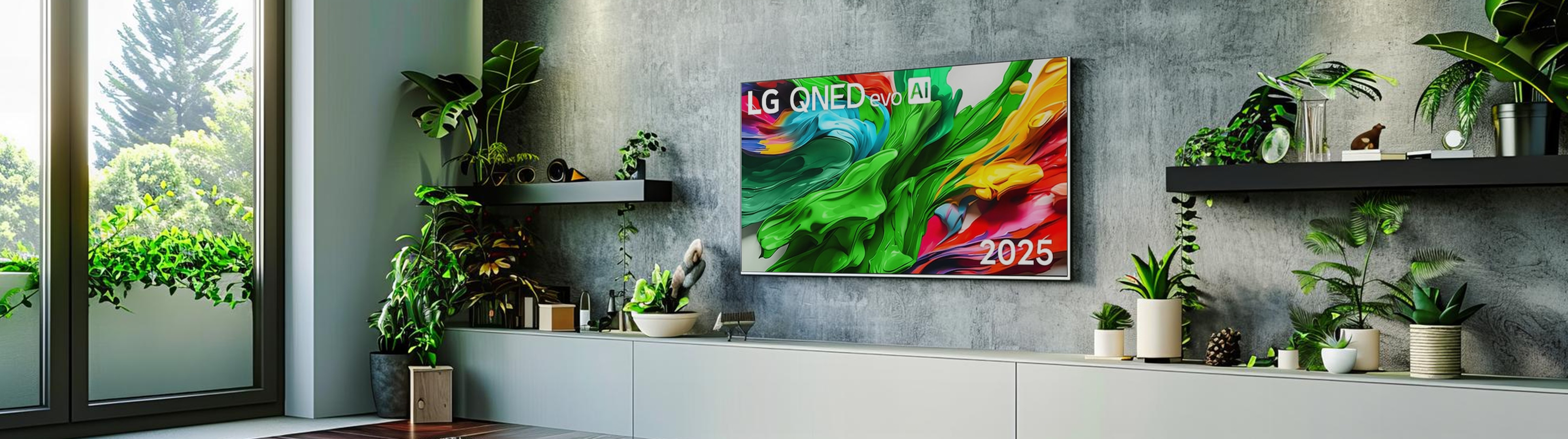 Modern living room with LG QNED television displaying colorful abstract design, surrounded by plants and shelves.