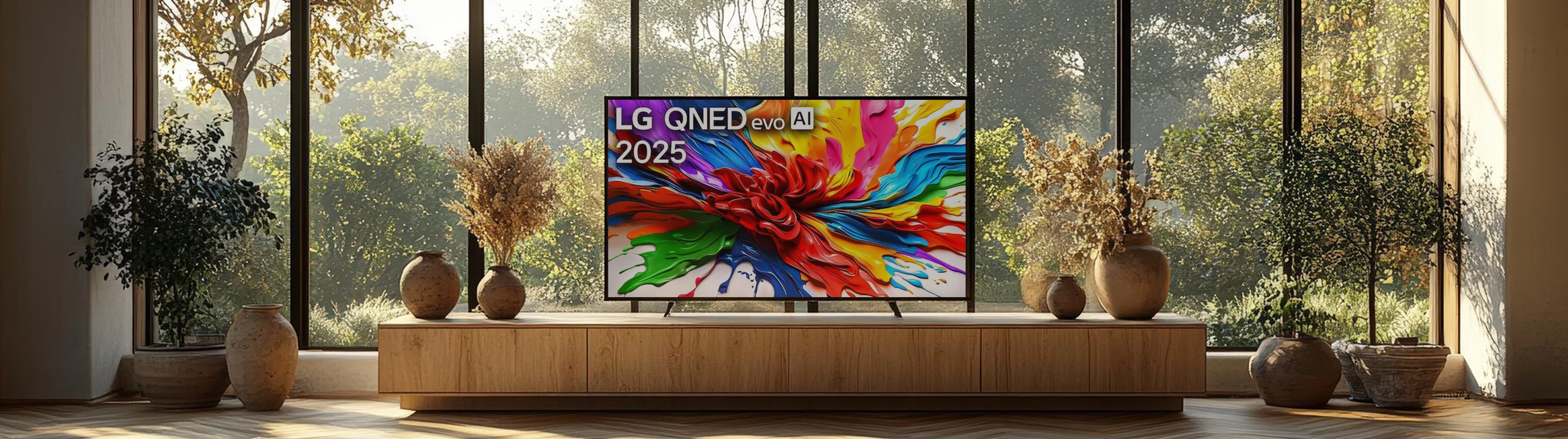 LG OLED TV displaying a colorful abstract pattern in a modern living room.