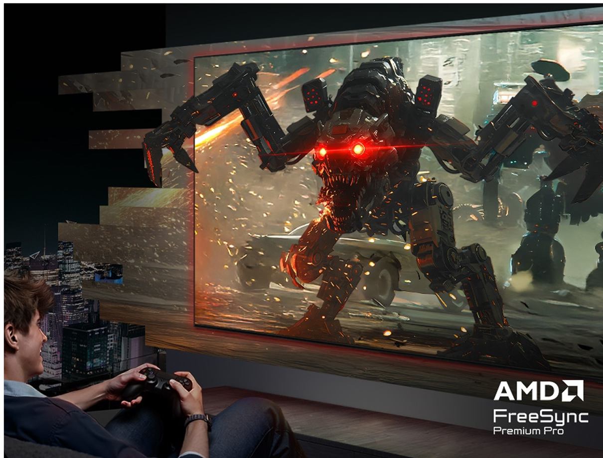 Person playing a video game with a large screen displaying a robot, featuring AMD FreeSync Premium Pro.