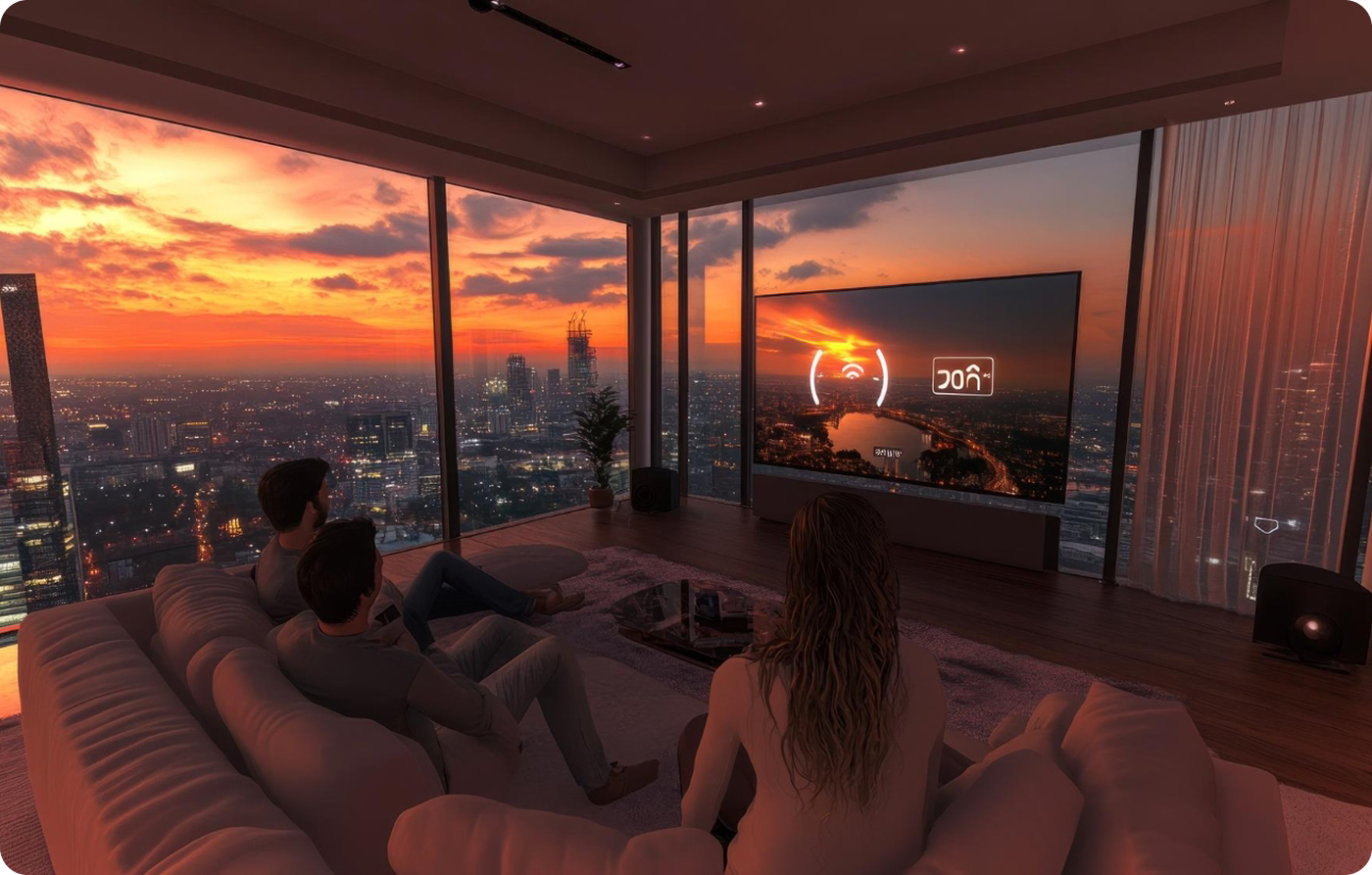 People watching a sunset over a cityscape on a large TV screen in a modern living room.