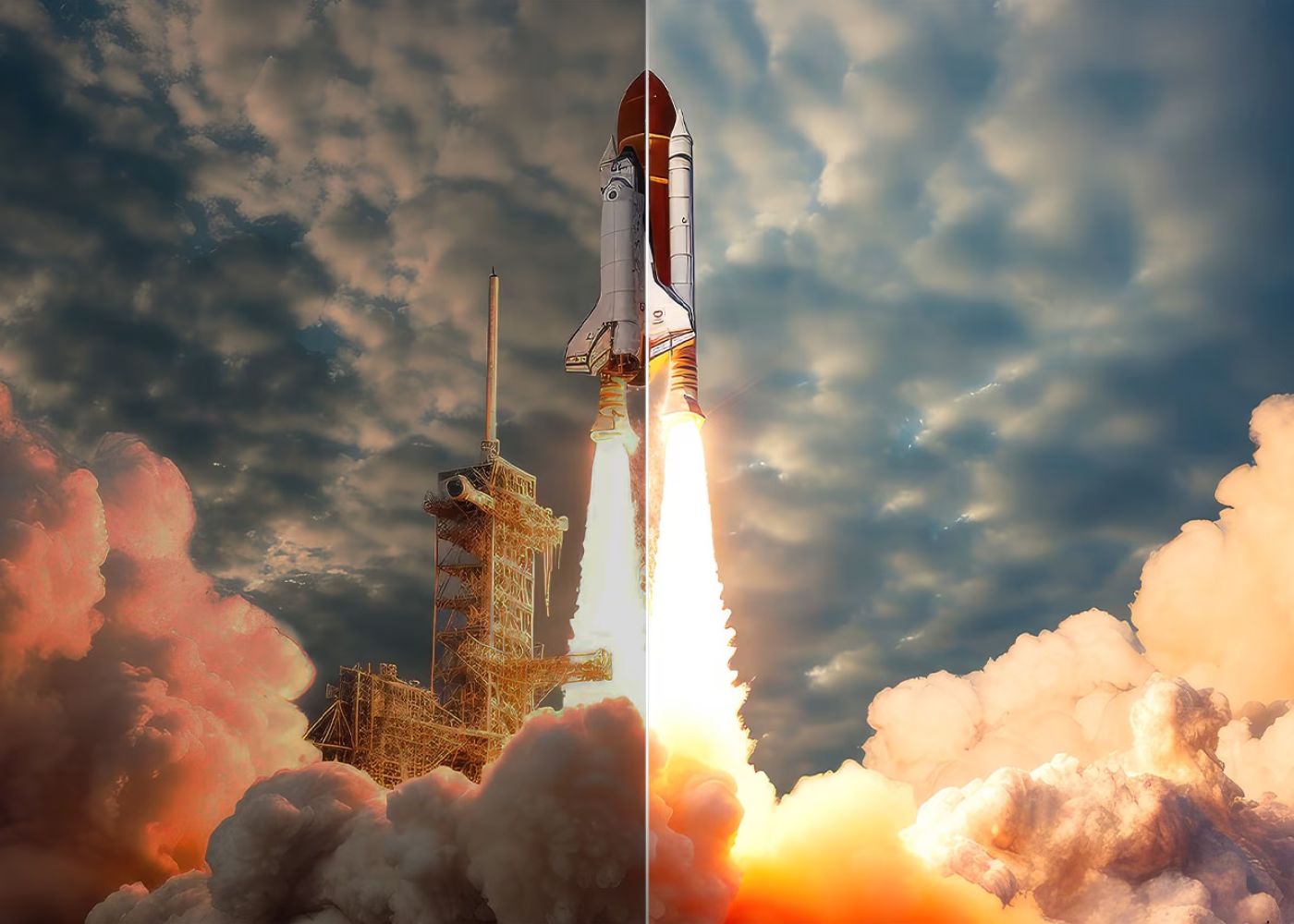 Space shuttle launch with dramatic clouds and smoke