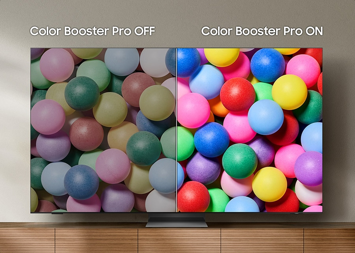 Comparison of colorful balloons displayed on a screen with Color Booster Pro ON and OFF.