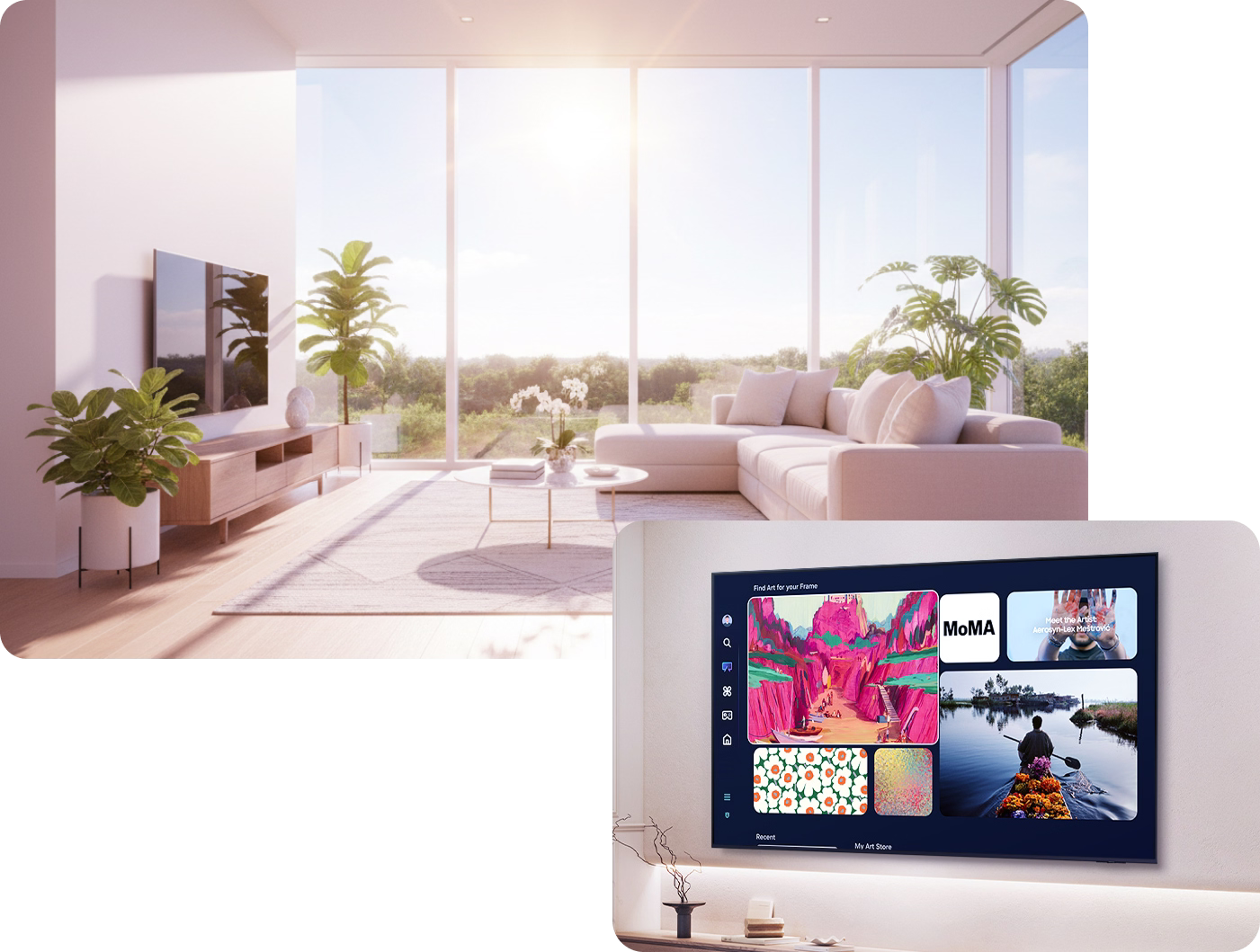 Modern living room with a large TV displaying colorful content.