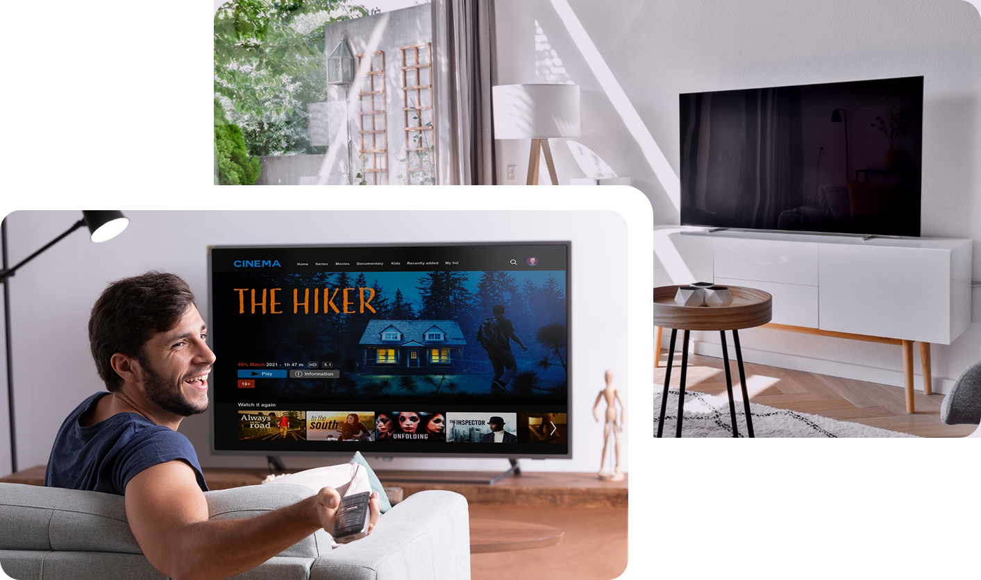 Living room with a person watching TV, displaying a movie interface.
