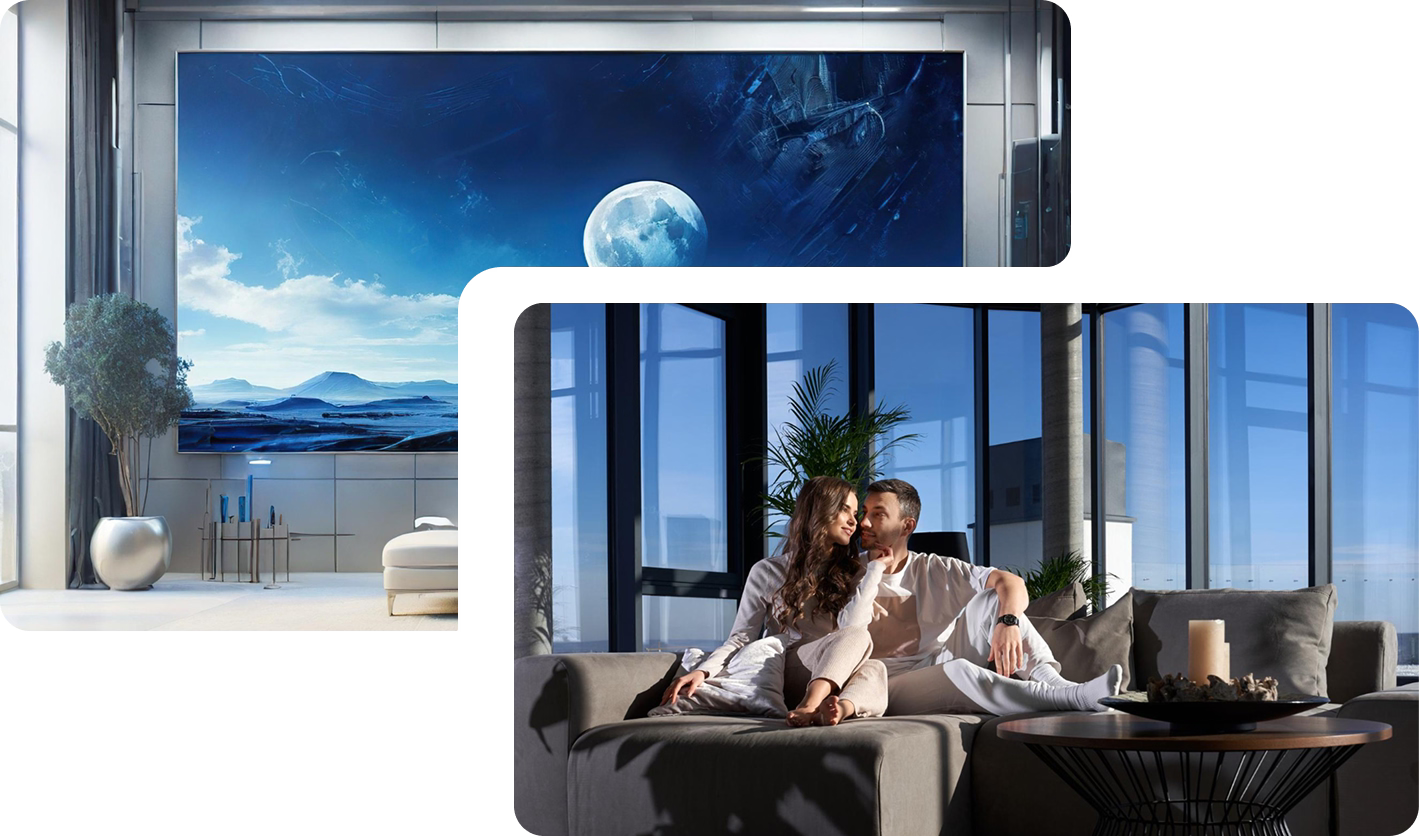 Living room with a large TV displaying a scenic view, and a couple sitting on a couch.