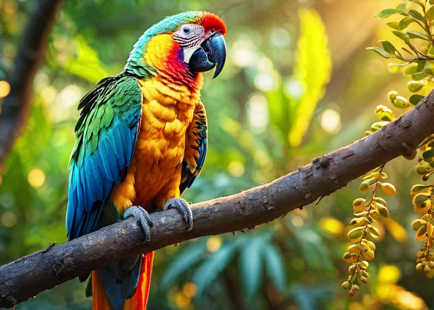 Colorful parrot perched on a branch with a blurred natural background