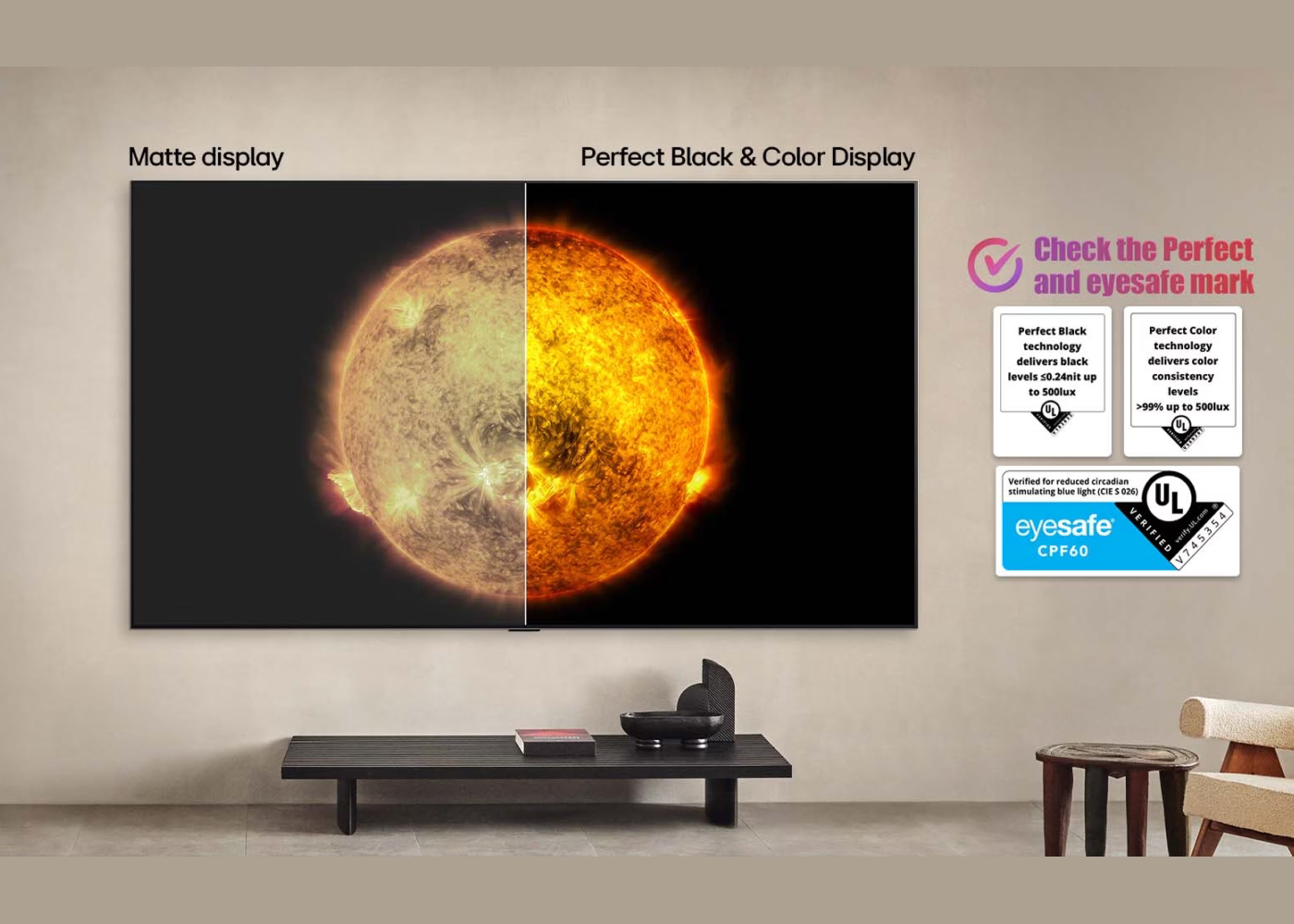 Television displaying a split-screen image of the sun with text about display quality in a living room setting.