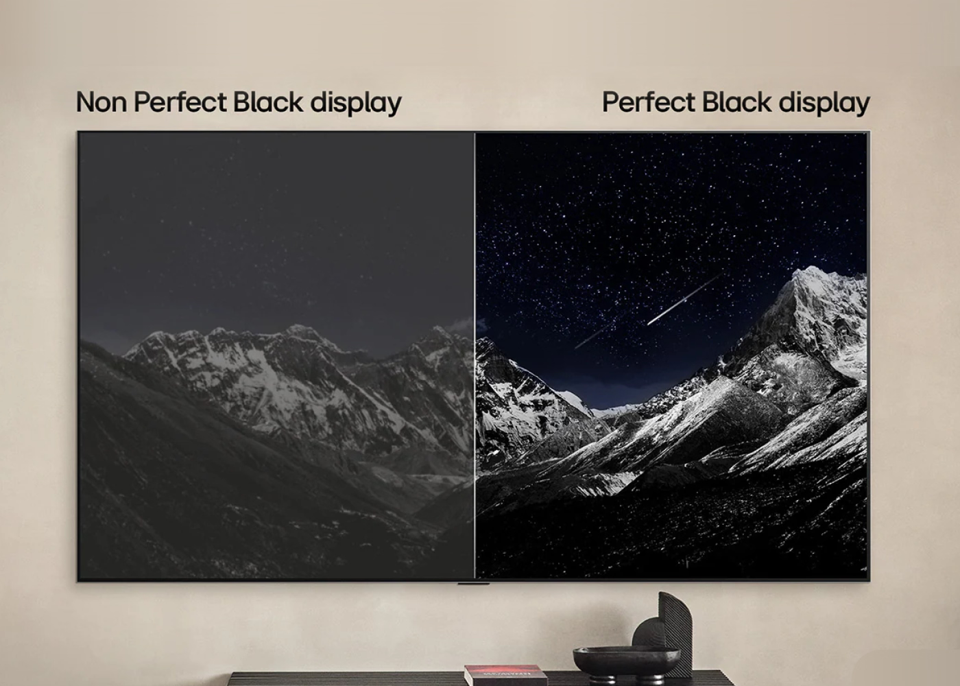 Comparison of non-perfect black display vs. perfect black display on a mountain scene.
