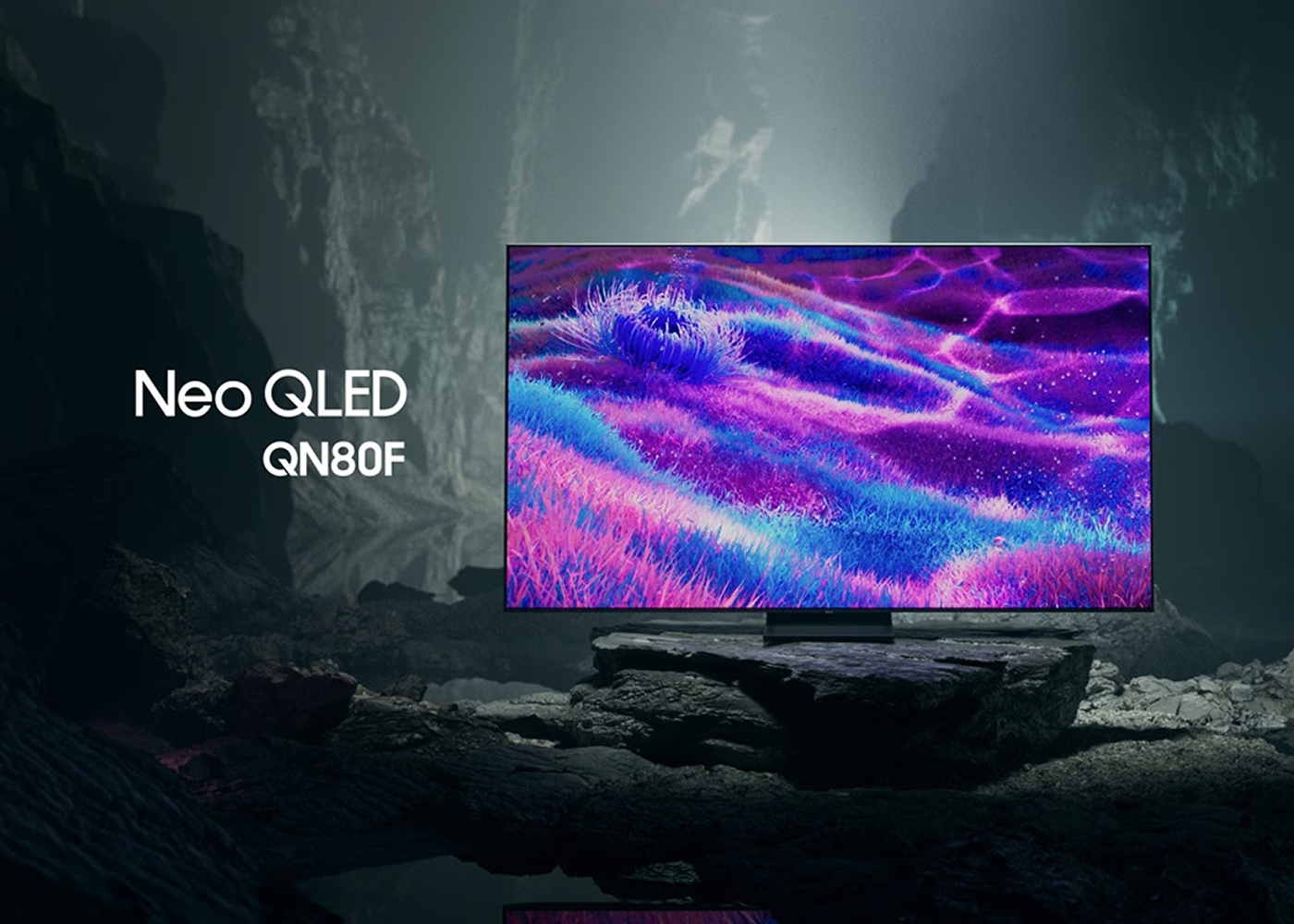 Neo QLED TV displaying vibrant colors in a dark, rocky landscape