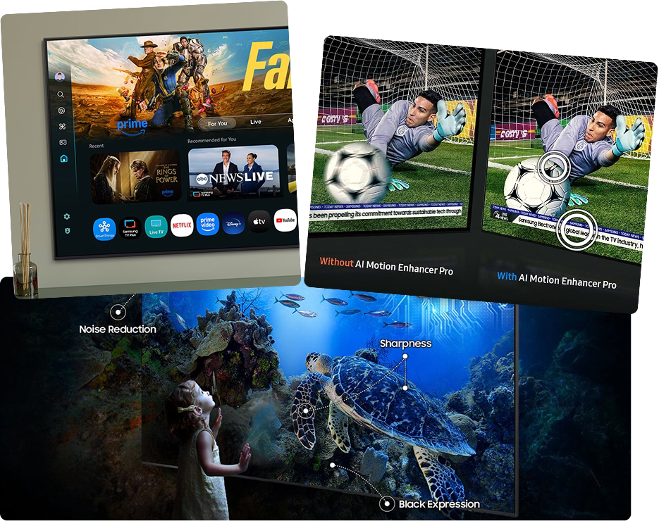 Comparison of TV screens showing different features with a turtle and people in an aquarium scene.