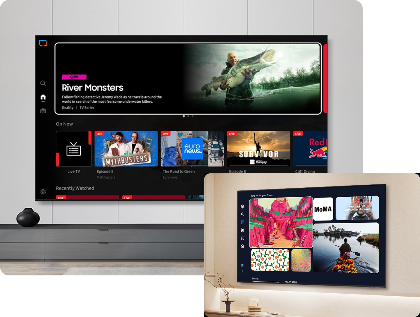 Two television screens displaying different content in a living room setting.