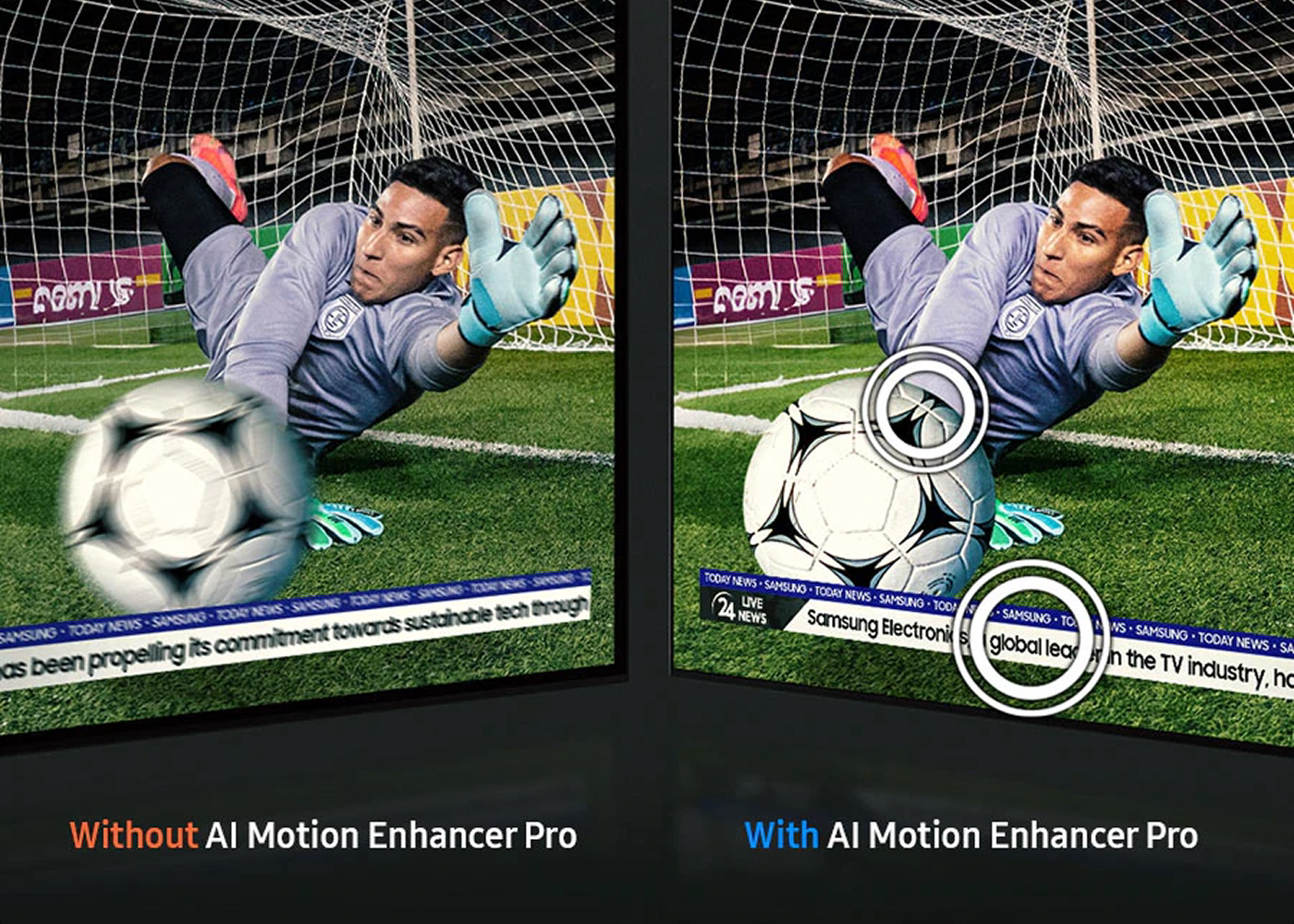 Comparison of a soccer goalkeeper action shot with and without AI Motion Enhancer Pro on a screen.