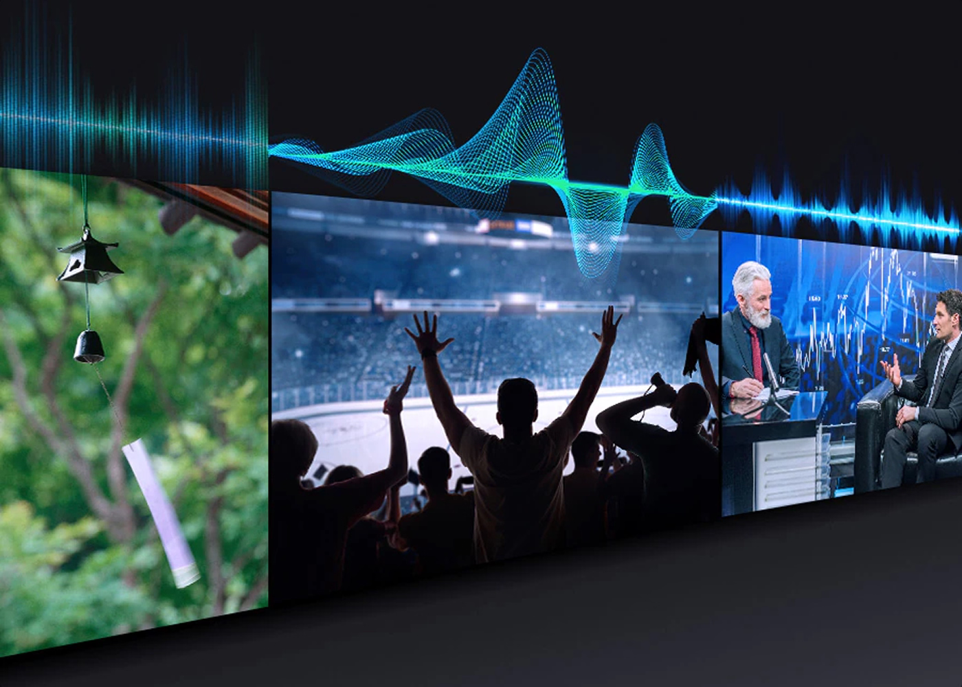 Multimedia display with sound wave graphics, nature scene, and people in a conference setting.