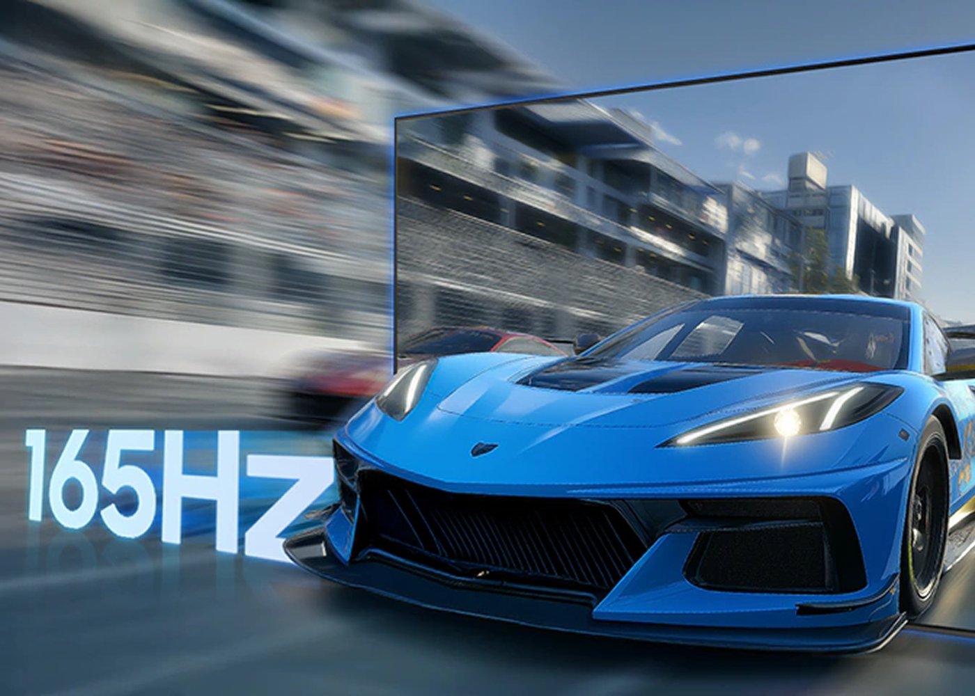 Blue sports car on a blurred city street with '165Hz' text.