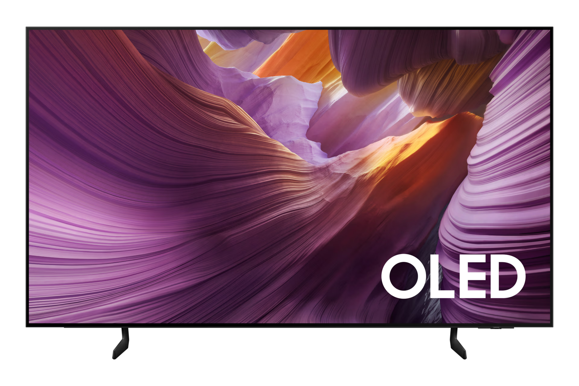 OLED TV displaying a vibrant canyon image with 'OLED' branding.