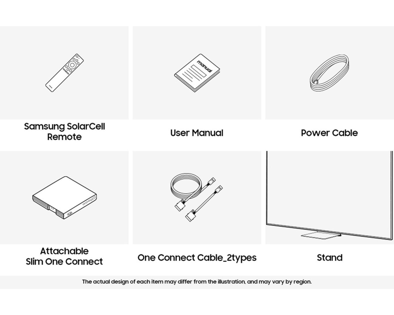 Diagram of Samsung TV package contents including remote, user manual, power cable, and stand.