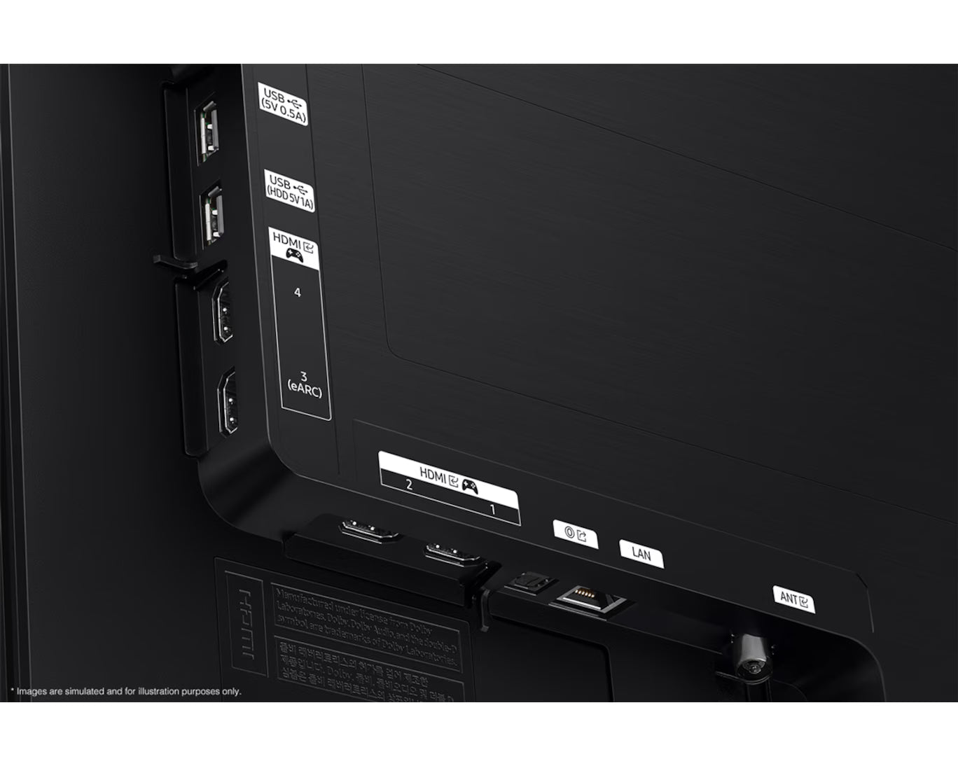 Back view of a black electronic device with ports and labels