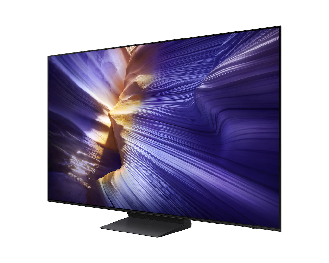 Modern flat-screen TV with a colorful abstract design on the screen against a white background