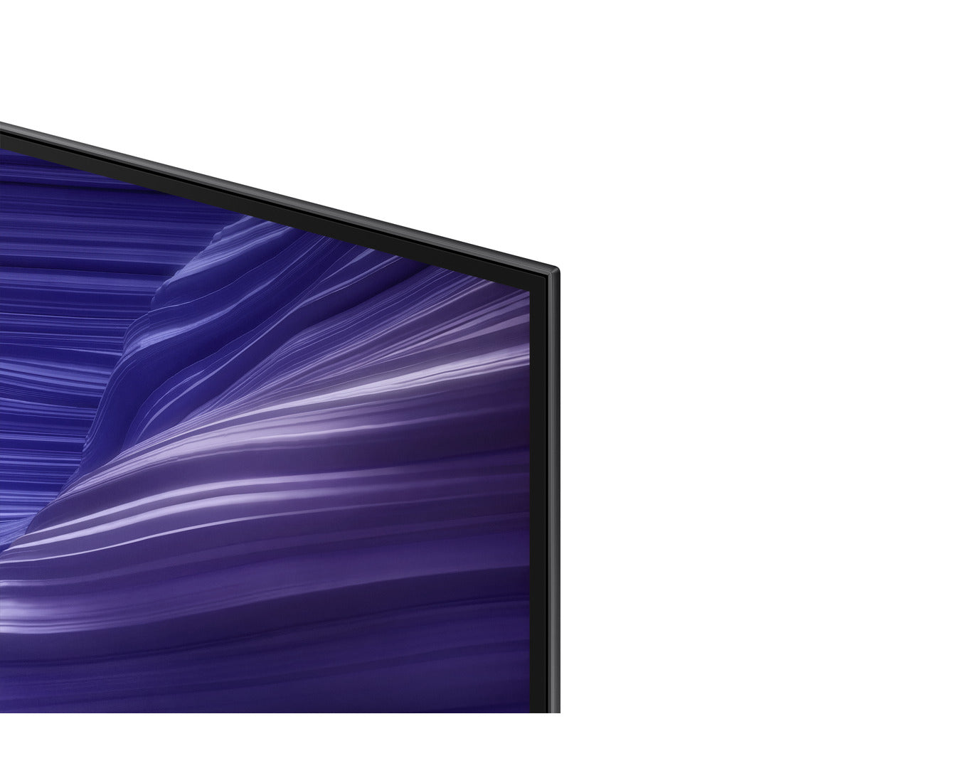 Close-up of a television screen with a blue abstract design on a white background