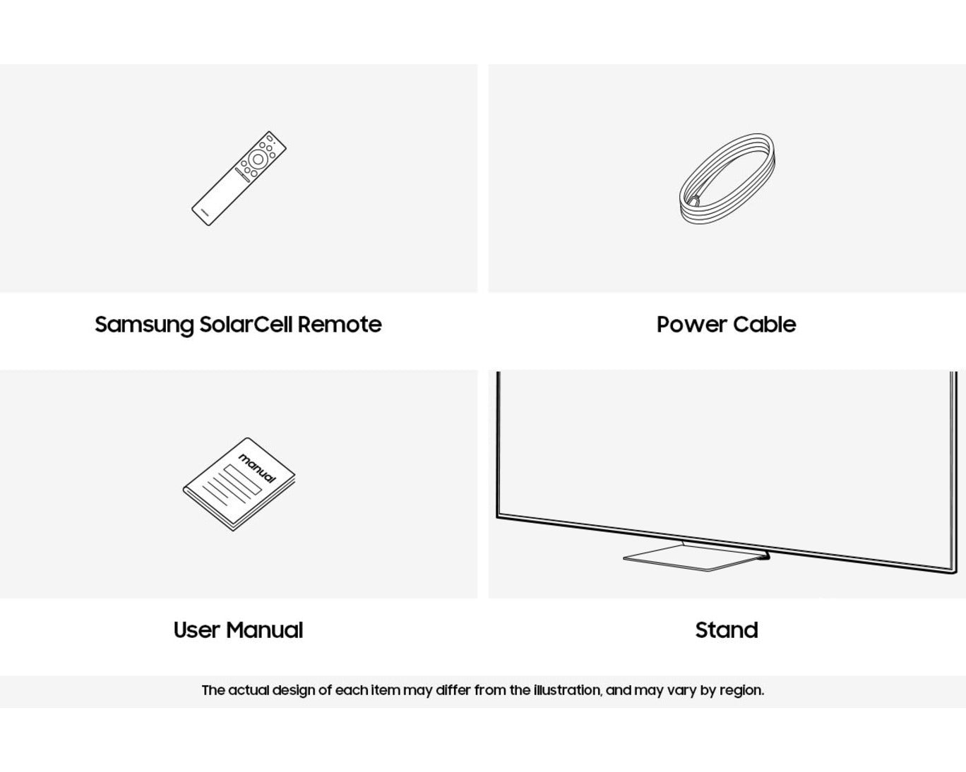 List of items included with a TV setup, including a remote control, power cable, user manual, and stand.