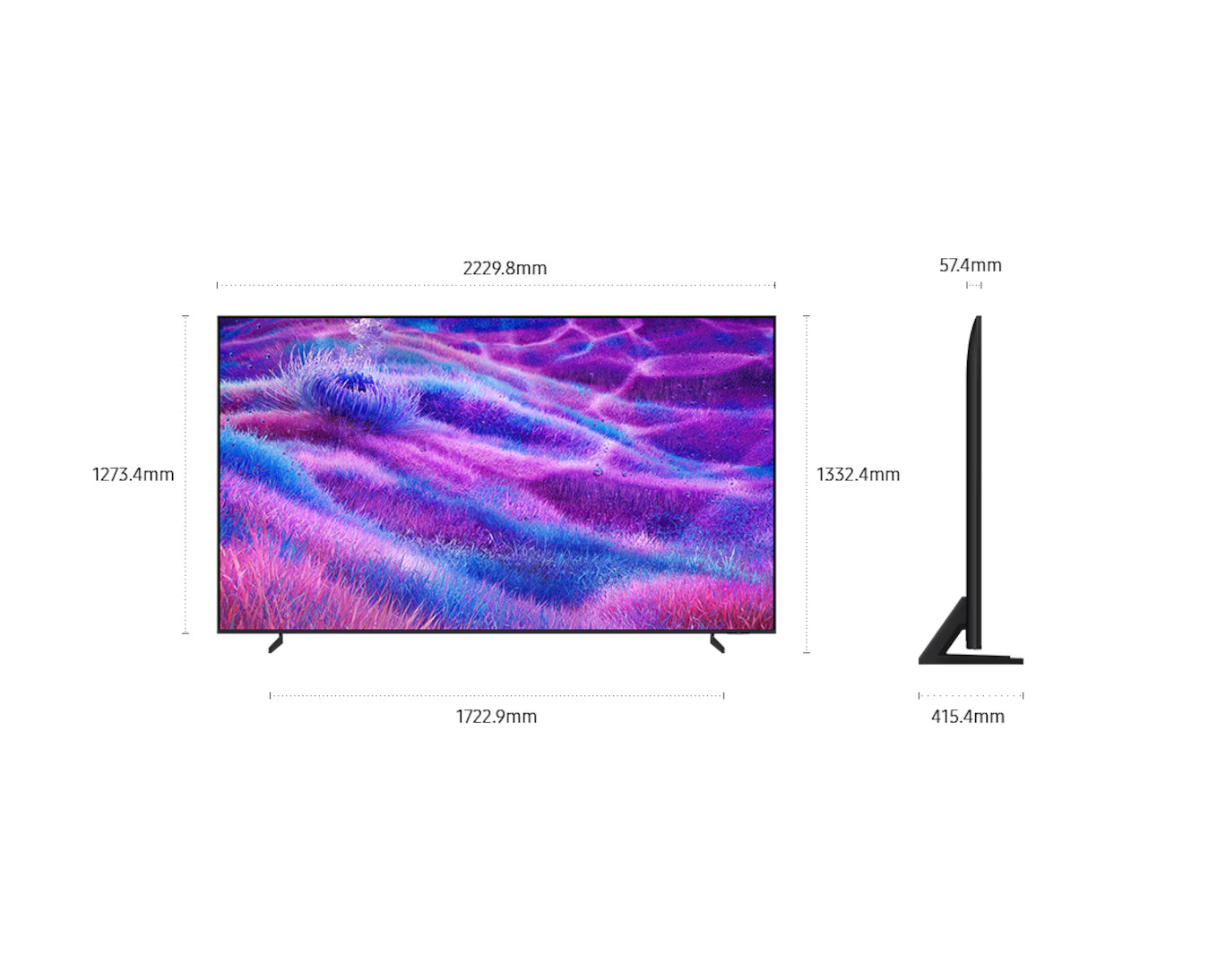 Smart TV with dimensions labeled on a white background