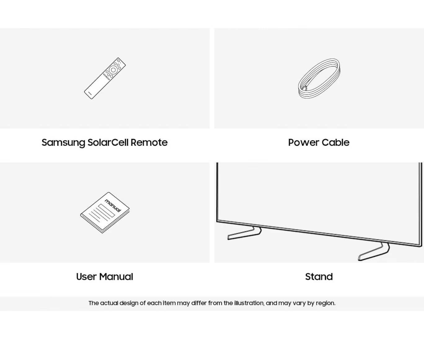 Diagram of Samsung TV components including remote, power cable, user manual, and stand on a white background.