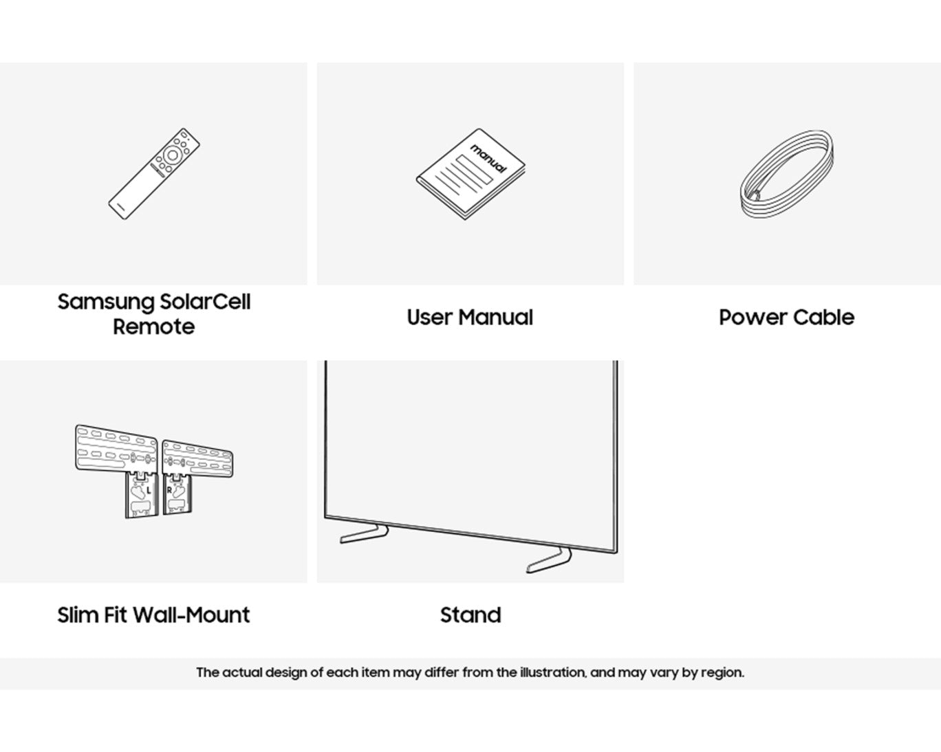 Diagram of Samsung TV packaging contents including remote, user manual, power cable, wall mount, and stand.