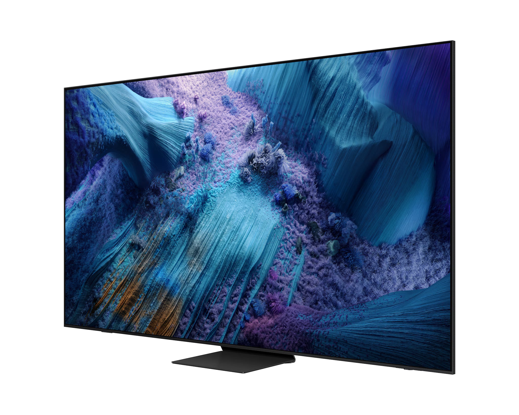 Smart TV qn990f displaying a vibrant underwater scene with blue and purple hues on a white background