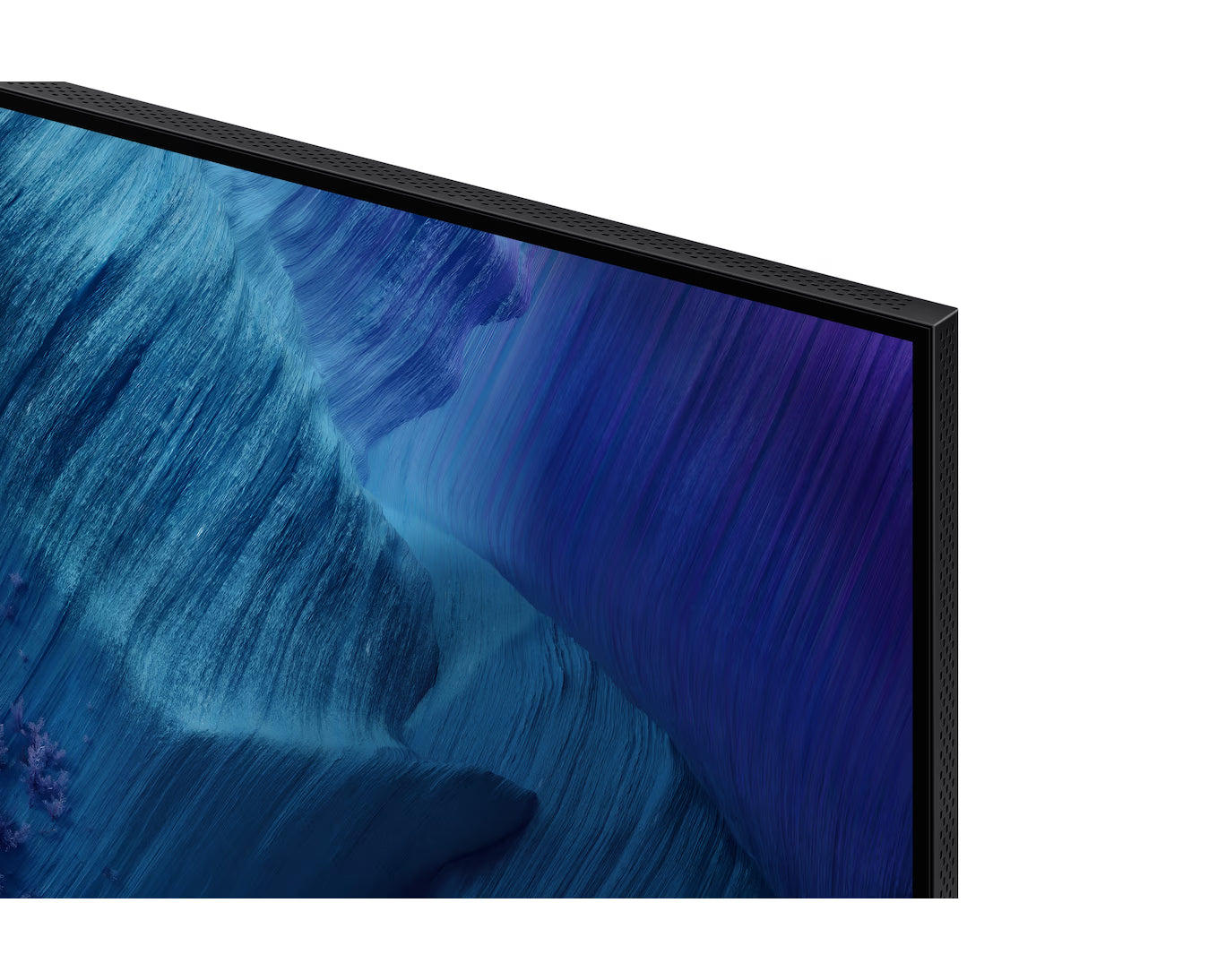 Television screen displaying a blue abstract art design on a white background