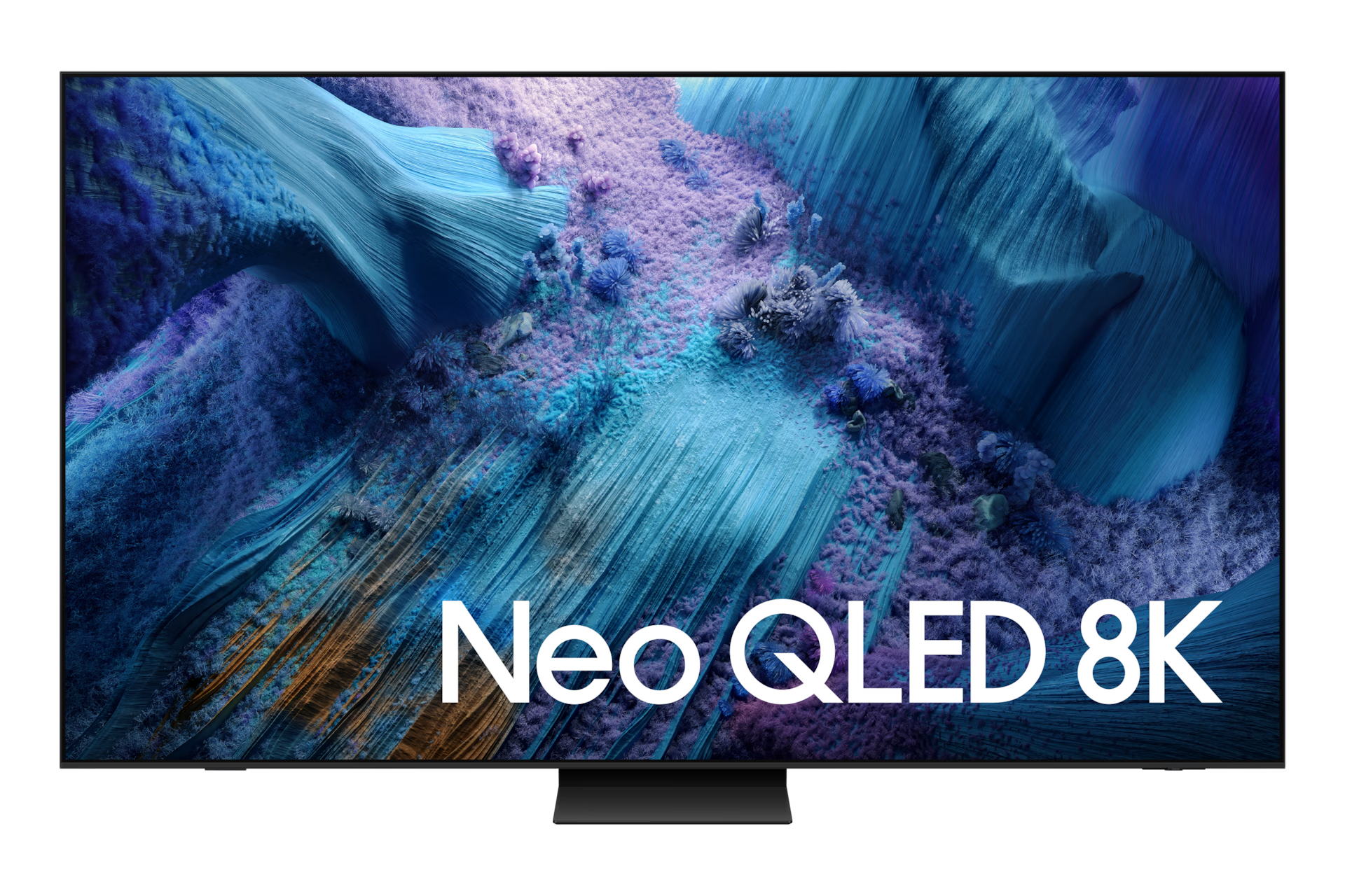 Samsung Neo QLED 8K television displaying a vibrant underwater scene with the brand name on screen.