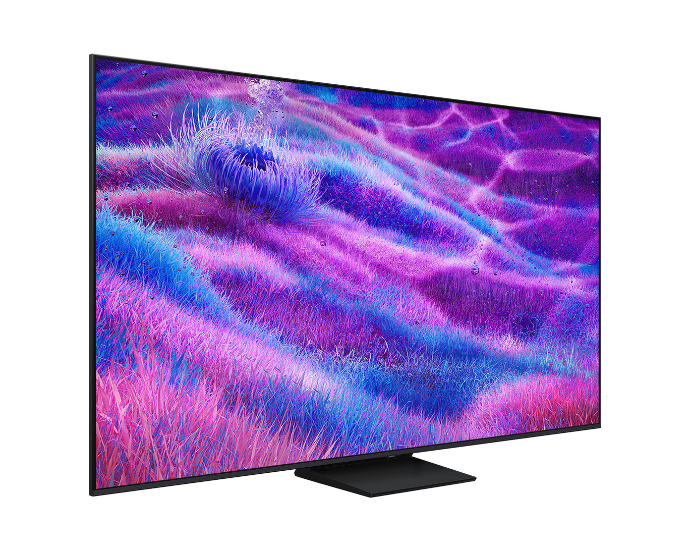 Smart TV displaying a vibrant, abstract purple and blue design on a white background
