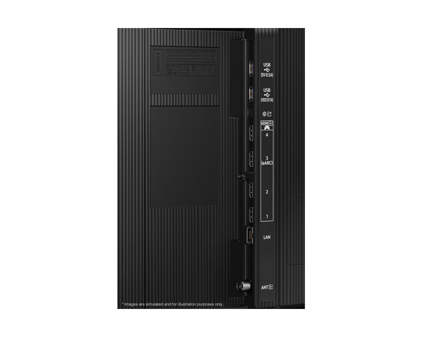 Back view of a black electronic device with ports and labels on a white background