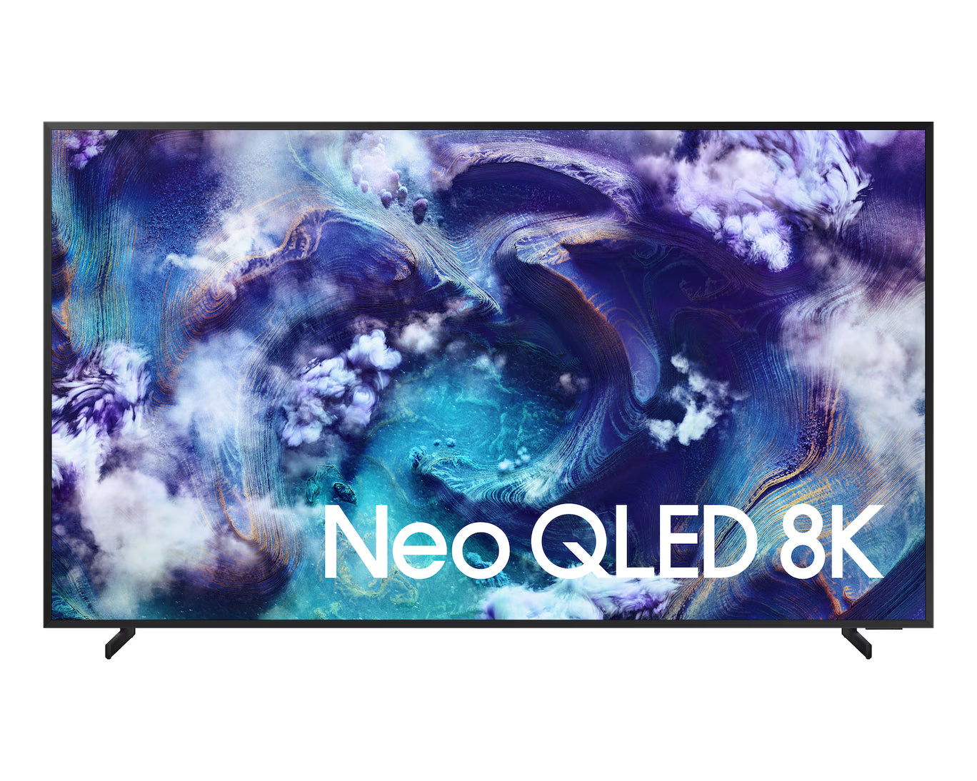 Neo QLED 8K television displaying a colorful abstract design on the screen.