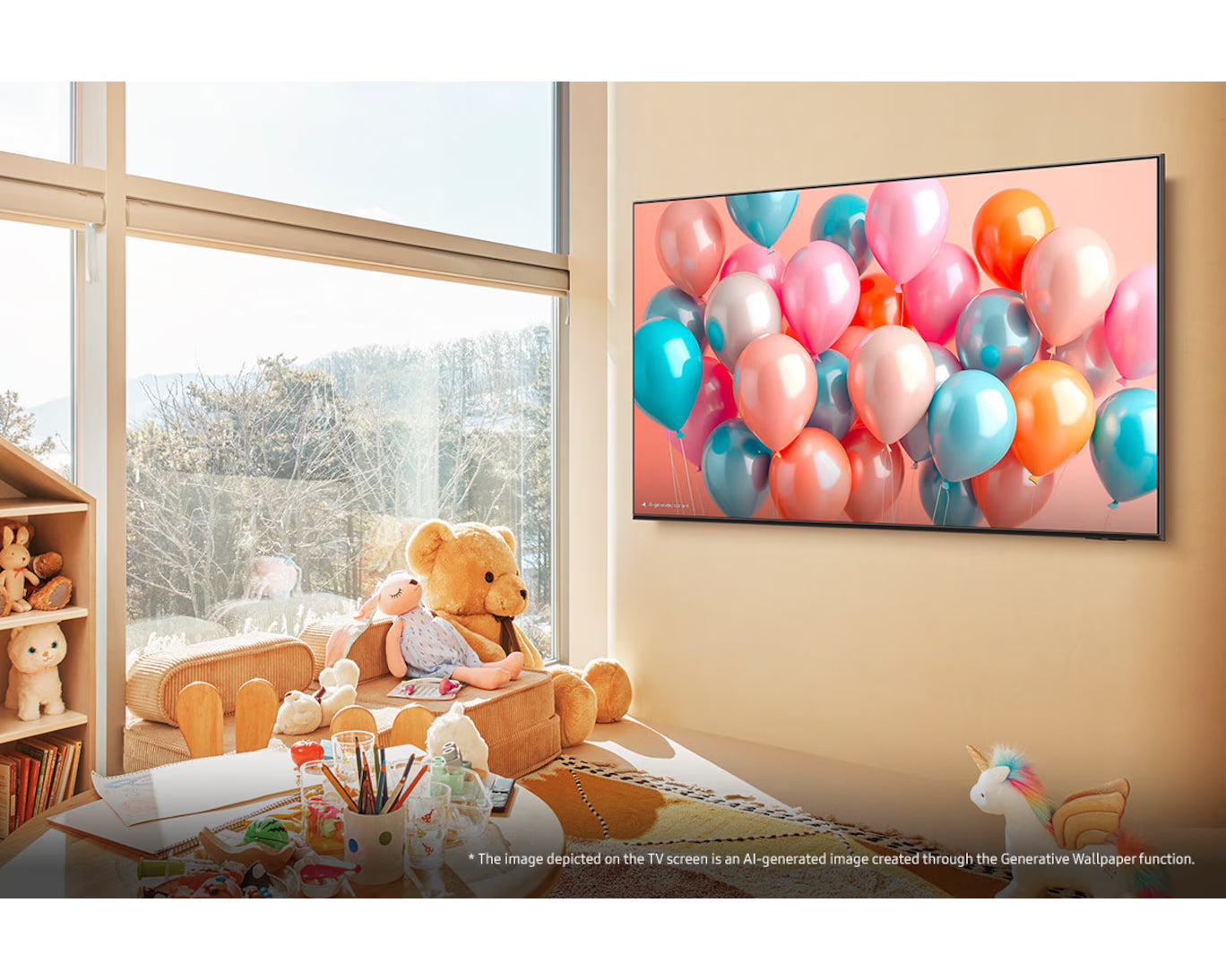 Children's room with a TV displaying colorful balloons, teddy bears, and books.