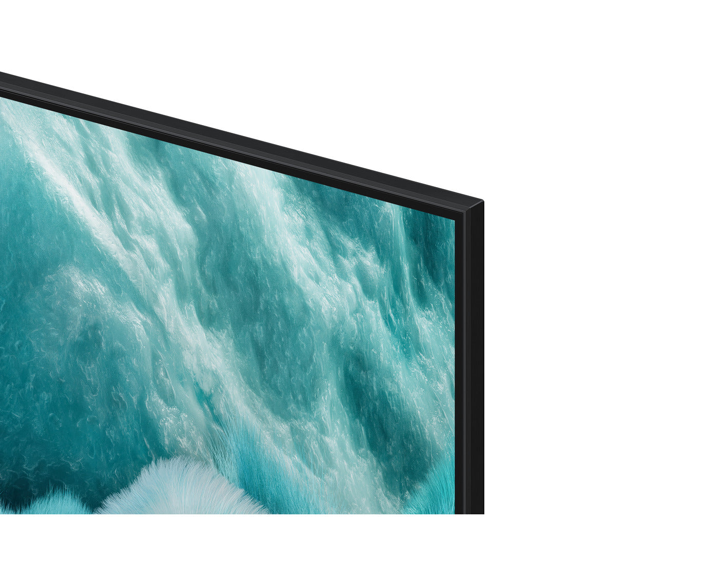 Television screen displaying a nature scene with waterfalls on a white background