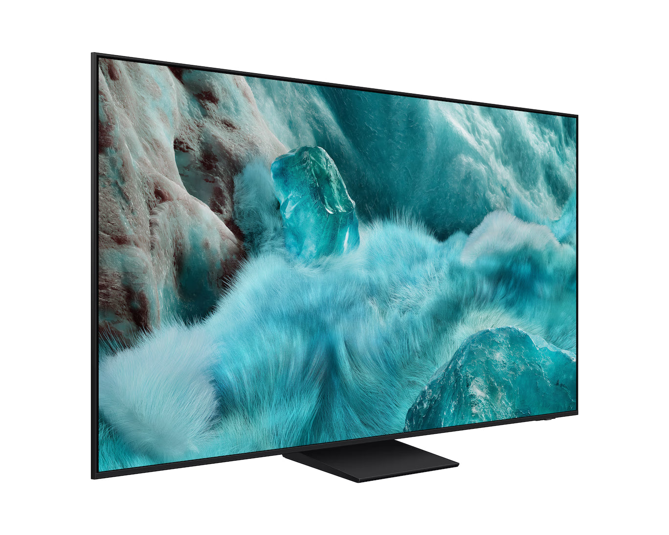 Television displaying a nature scene with water and rocks on the screen