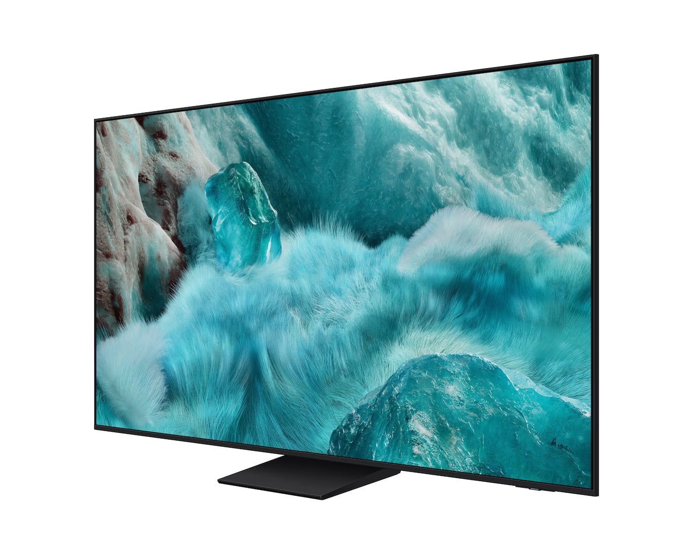 Television displaying a nature scene with water and rocks on a white background