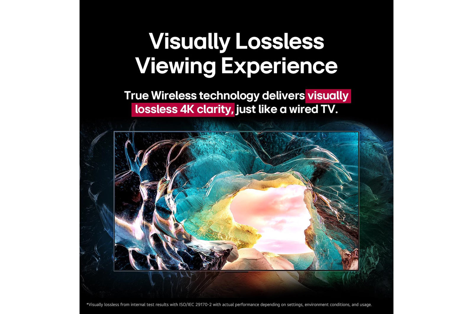 Advertisement for visually lossless viewing experience with text and a blurred image of a TV screen.