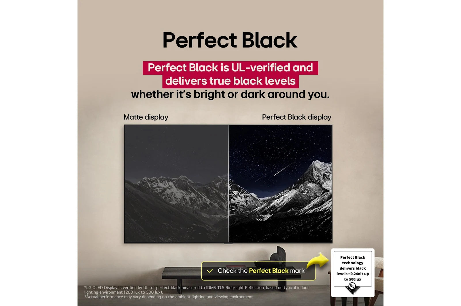 Advertisement for Perfect Black display technology with a mountainous landscape image.
