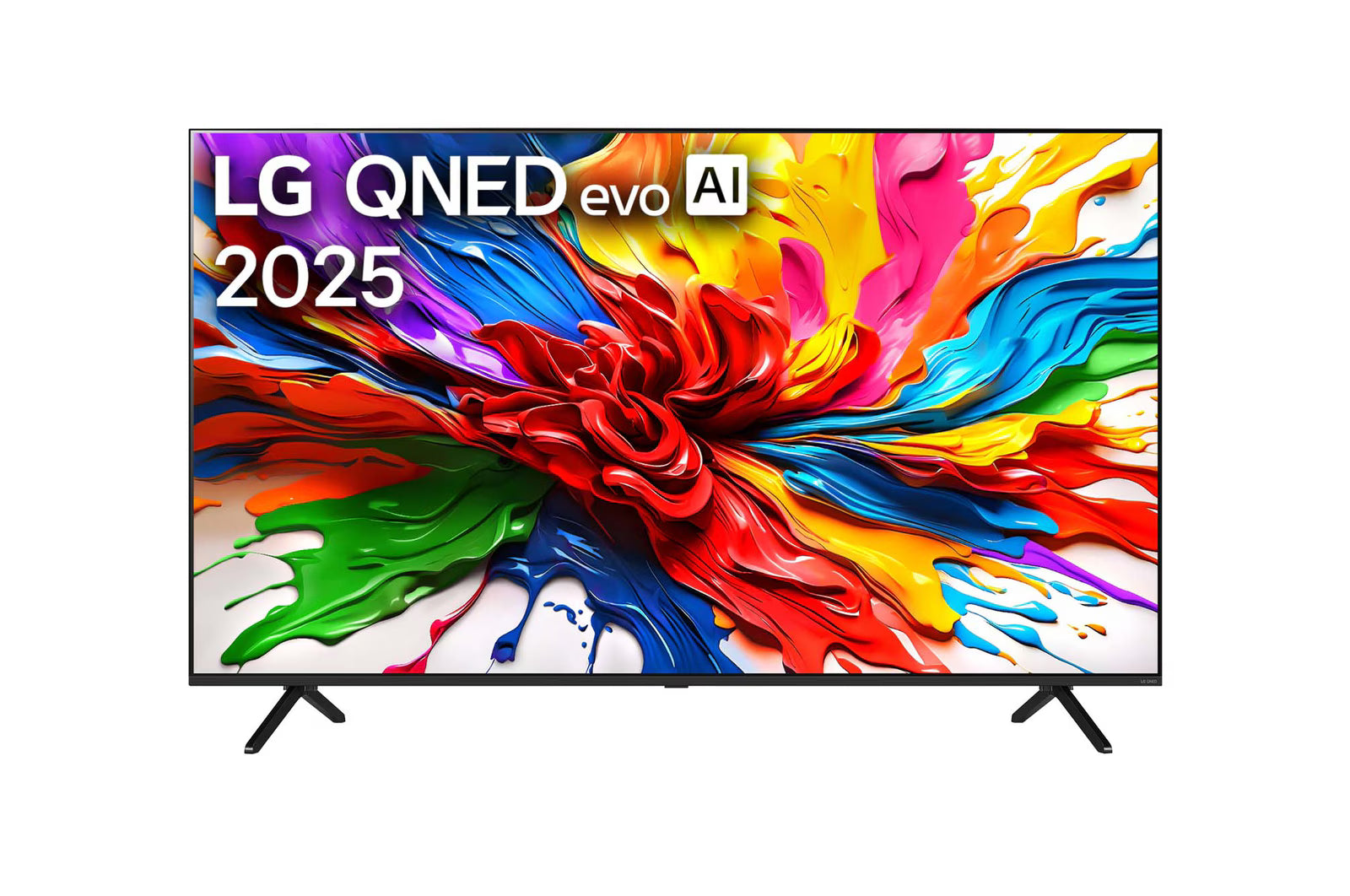 LG QNED evo AI 2025 TV with colorful abstract design on screen