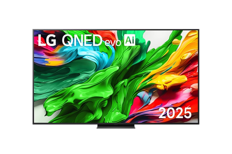 LG QNED evo AI television with colorful abstract design on screen