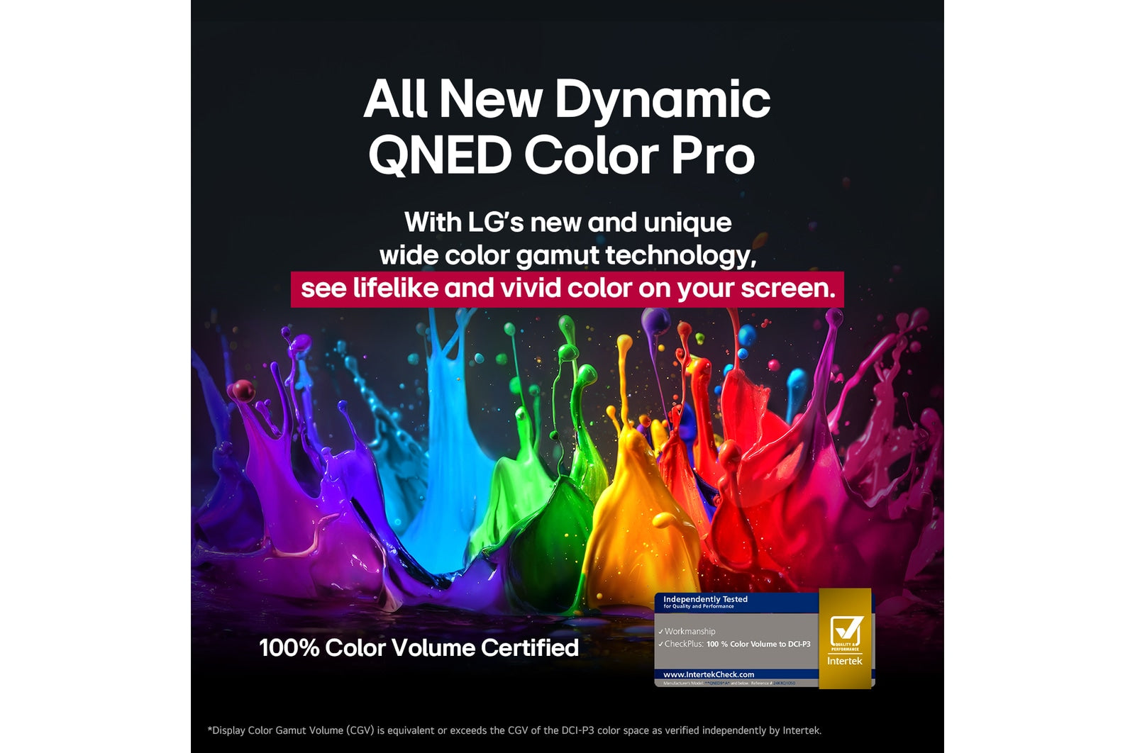 Advertisement for LG's QNED Color Pro technology with colorful splashes on a dark background.