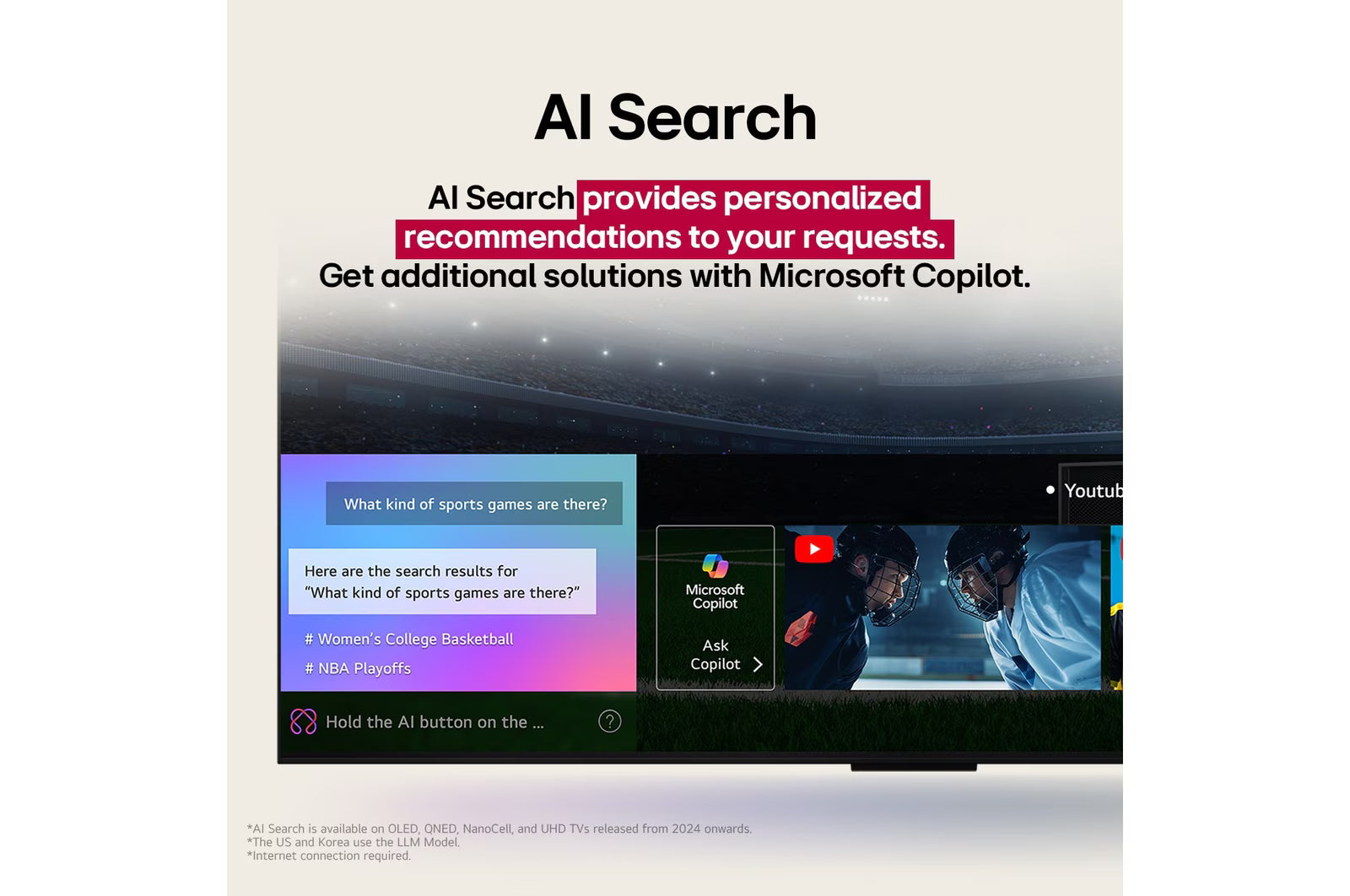 Advertisement for AI Search with personalized recommendations and Microsoft Copilot on a digital display.
