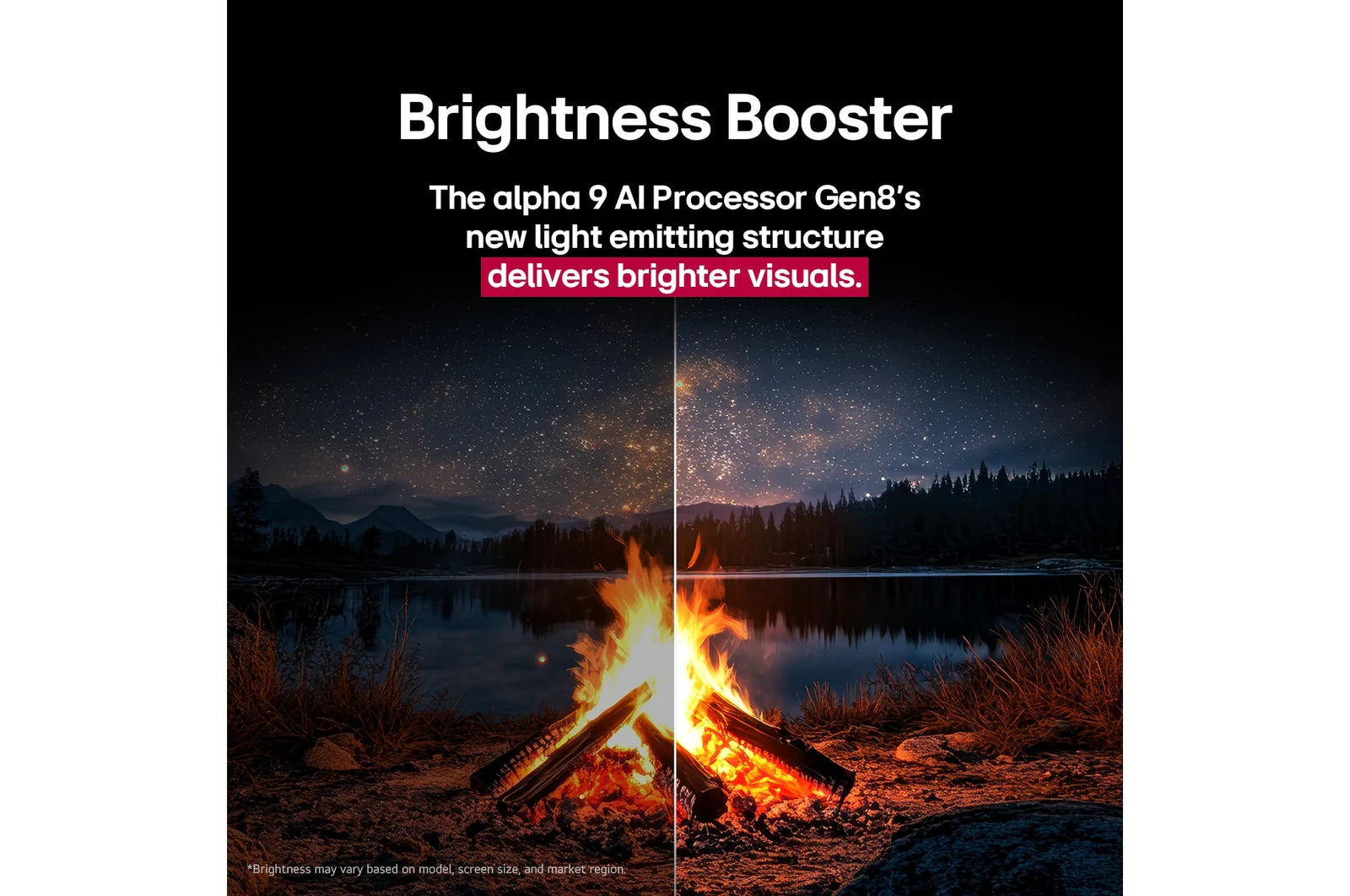 Campfire by a lake with text about a brightness booster feature.